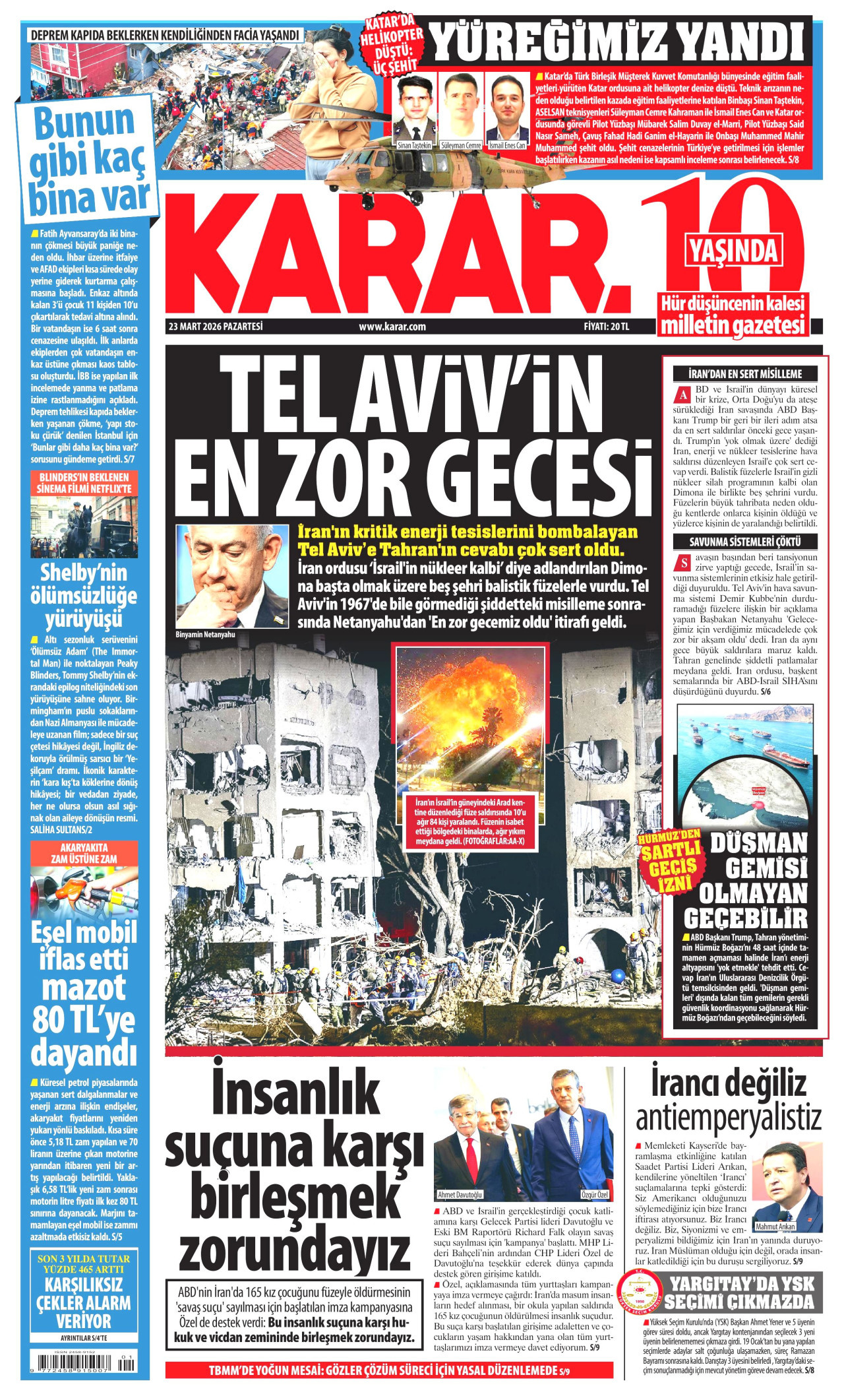 KARAR gazetesinin 23 Mart 2026 tarihli birinci sayfası