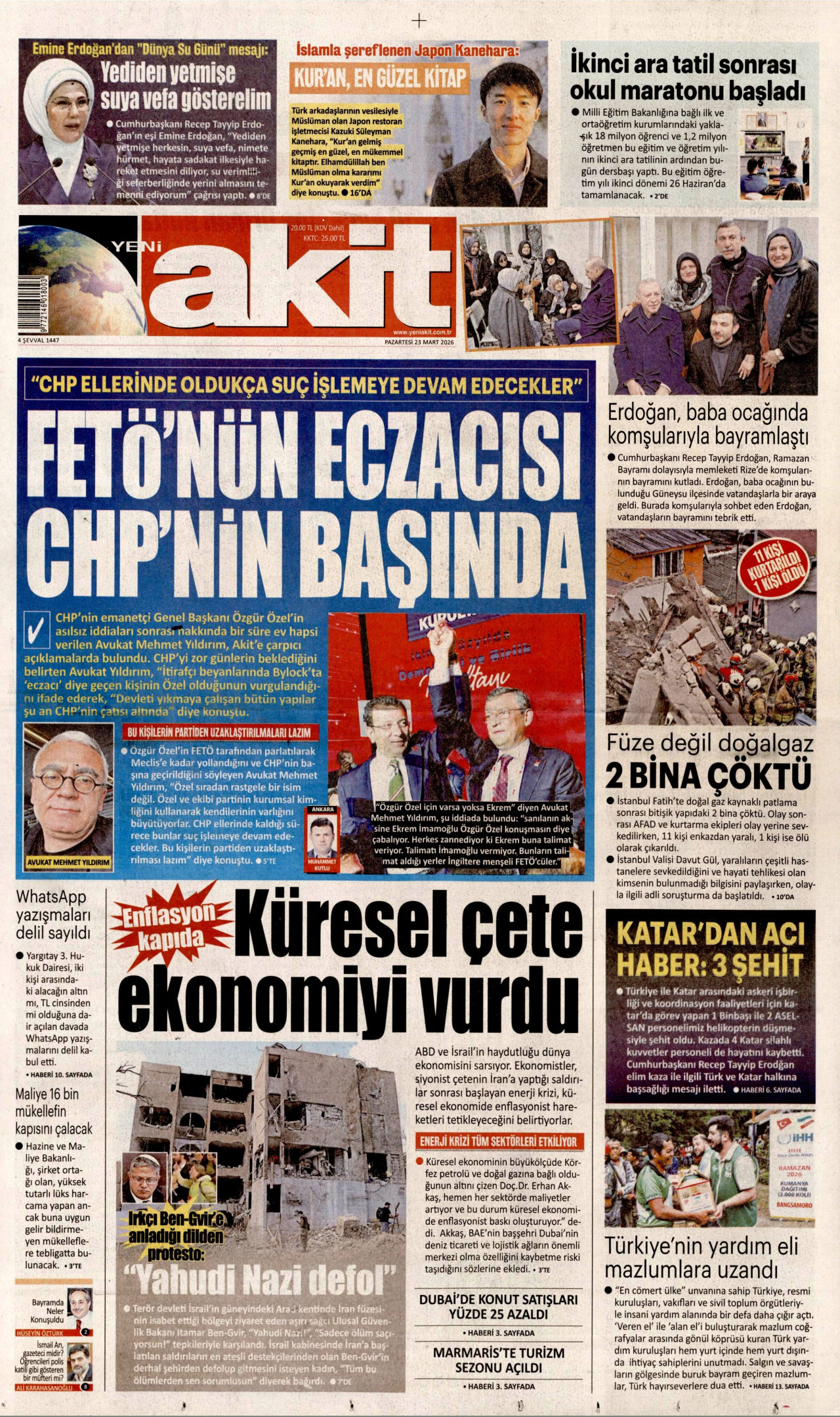 YENİ AKİT gazetesinin 23 Mart 2026 tarihli birinci sayfası