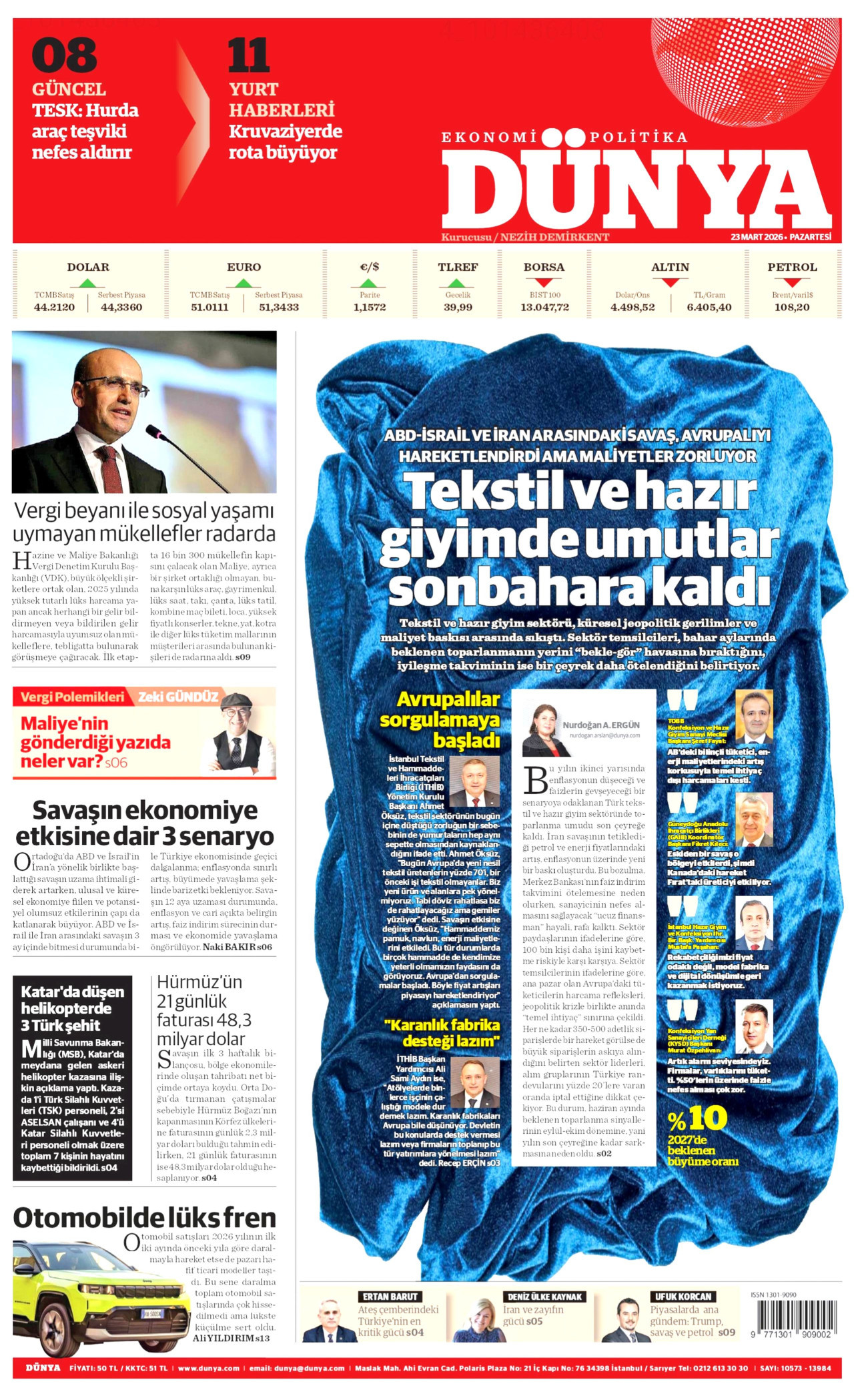 DÜNYA gazetesinin 23 Mart 2026 tarihli birinci sayfası