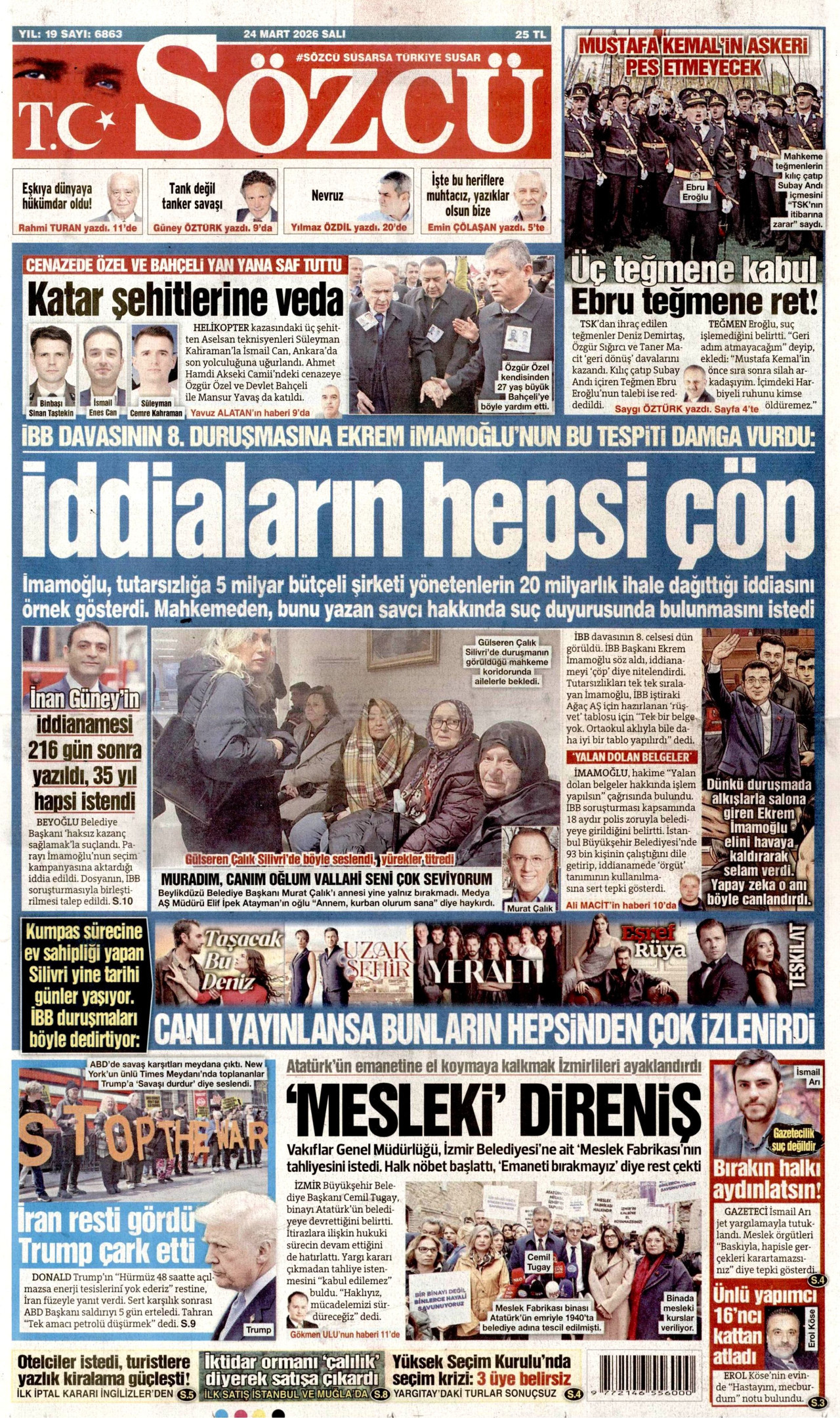 SÖZCÜ gazetesinin 24 Mart 2026 tarihli birinci sayfası