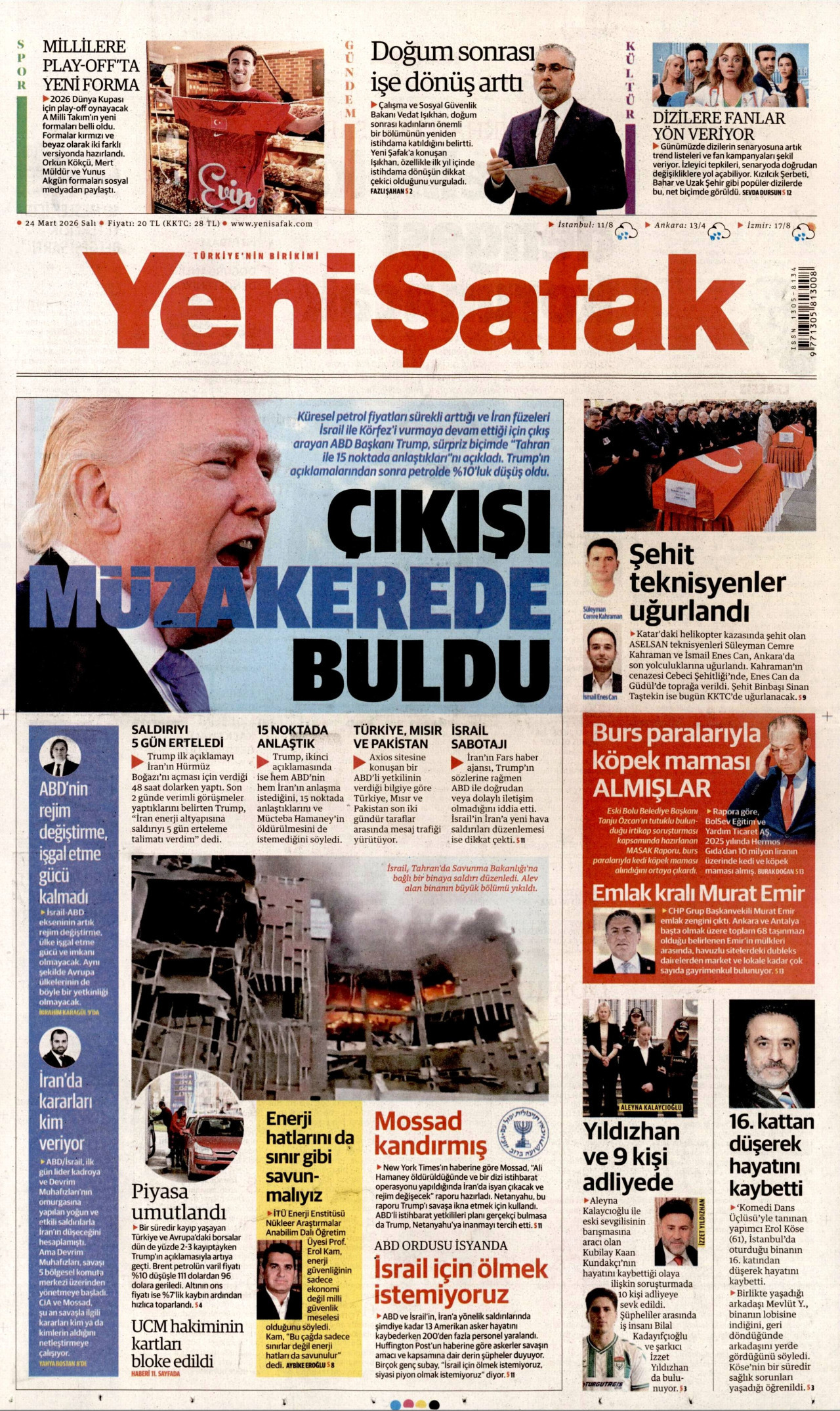 YENİ ŞAFAK gazetesinin 24 Mart 2026 tarihli birinci sayfası