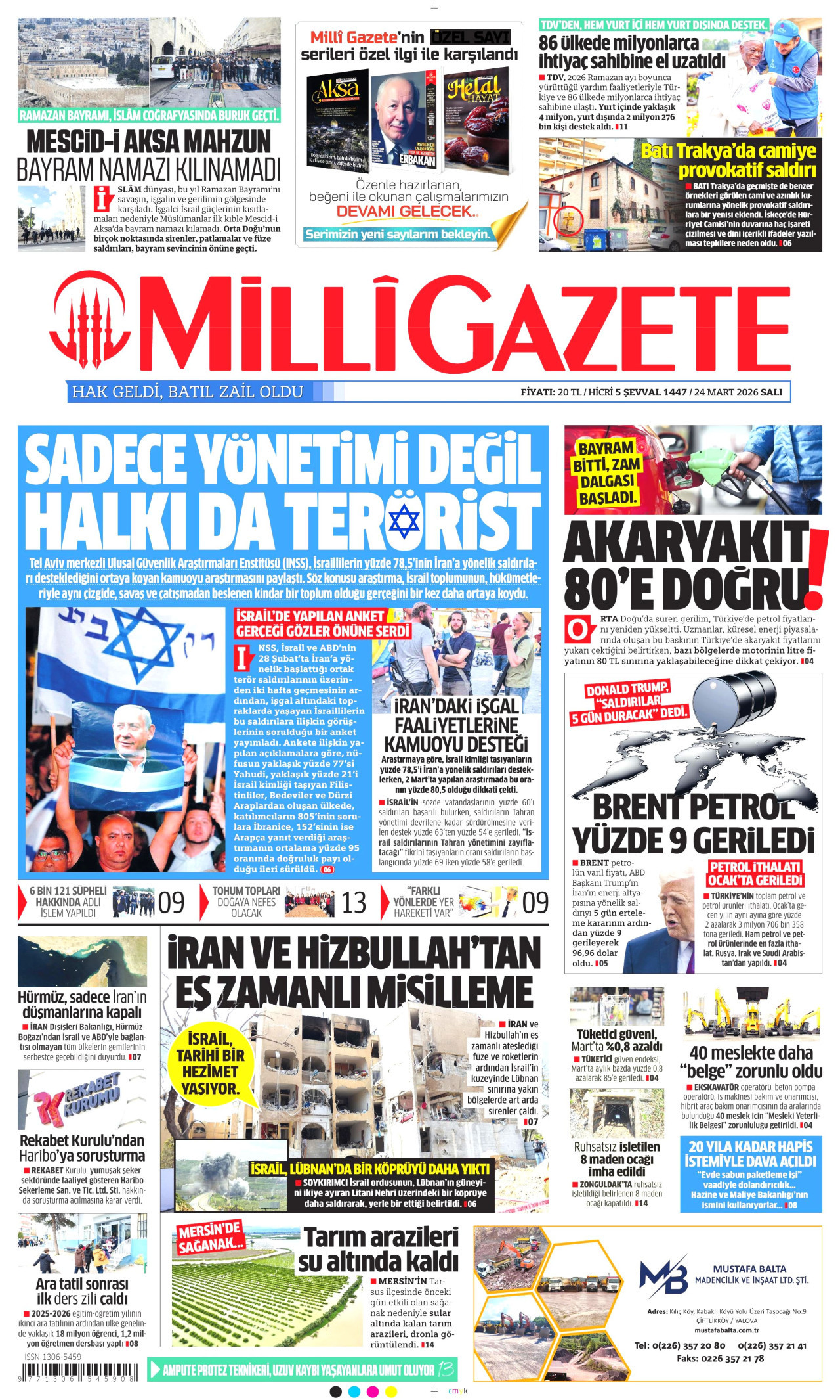 MİLLİ GAZETE gazetesinin 24 Mart 2026 tarihli birinci sayfası