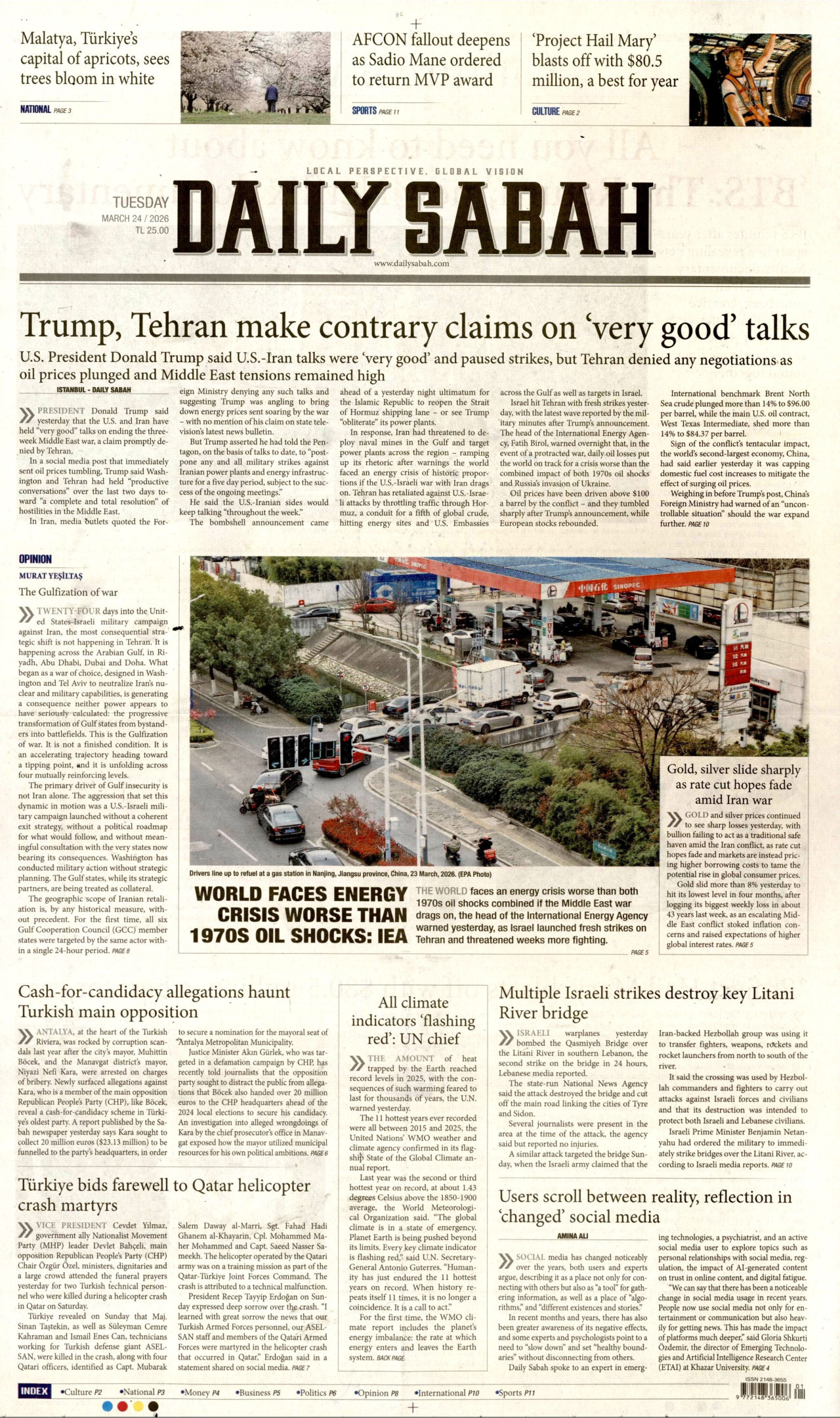 DAİLY SABAH gazetesinin 24 Mart 2026 tarihli birinci sayfası