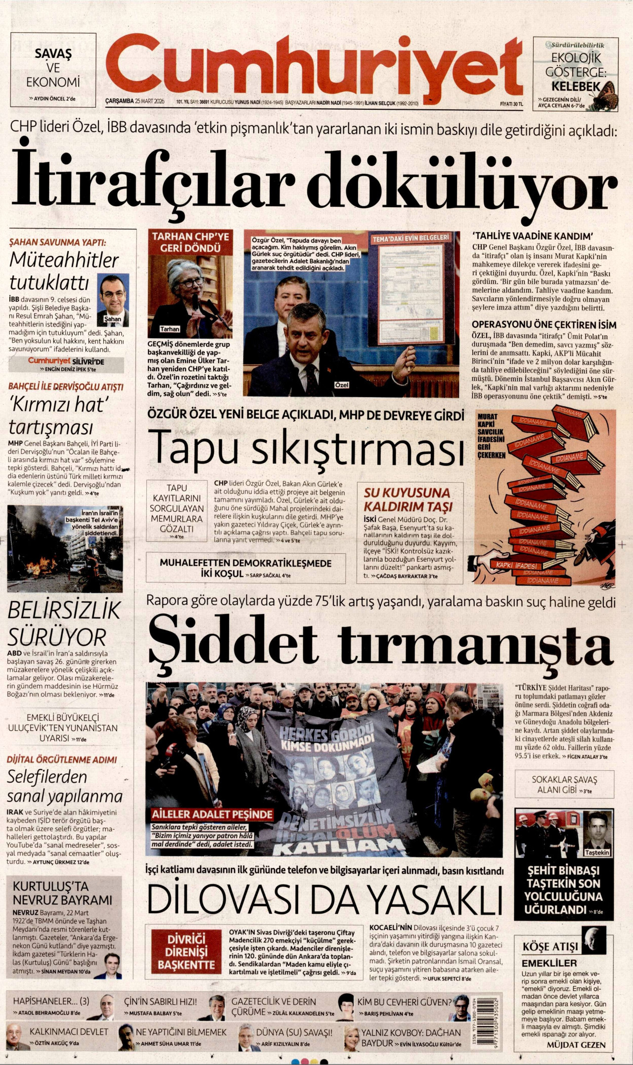 CUMHURİYET gazetesinin 25 Mart 2026 tarihli birinci sayfası