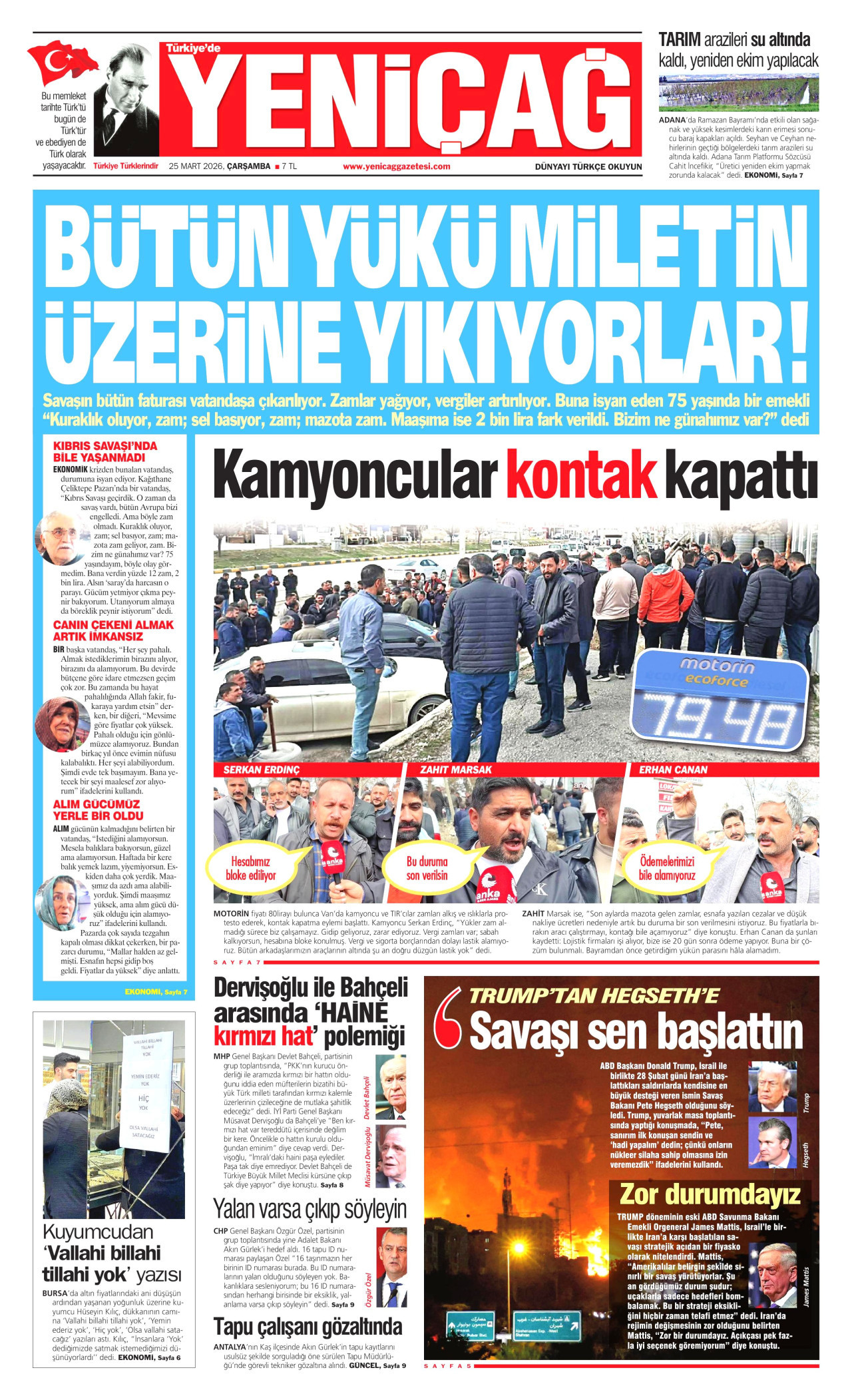 YENİÇAĞ gazetesinin 25 Mart 2026 tarihli birinci sayfası