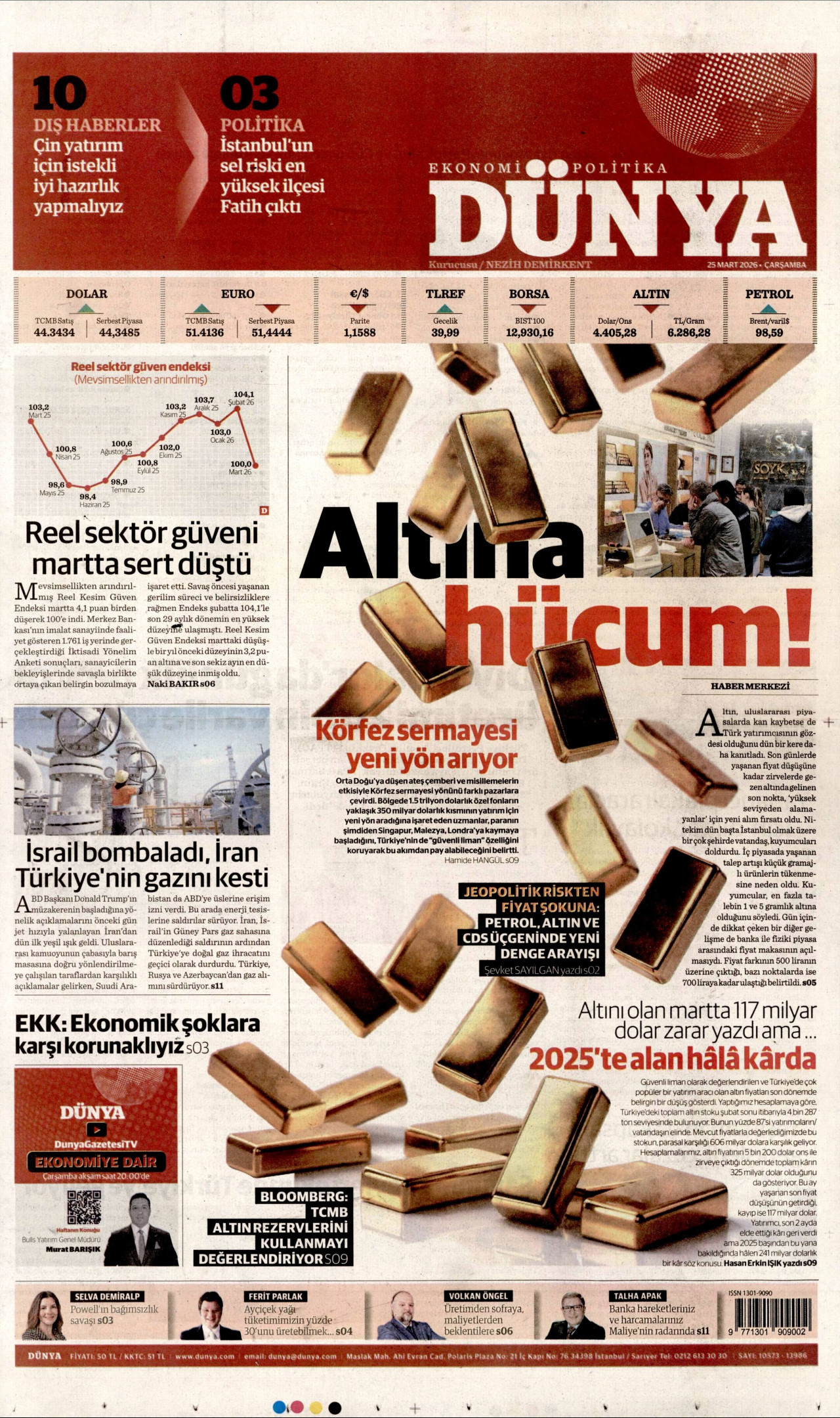 DÜNYA gazetesinin 25 Mart 2026 tarihli birinci sayfası