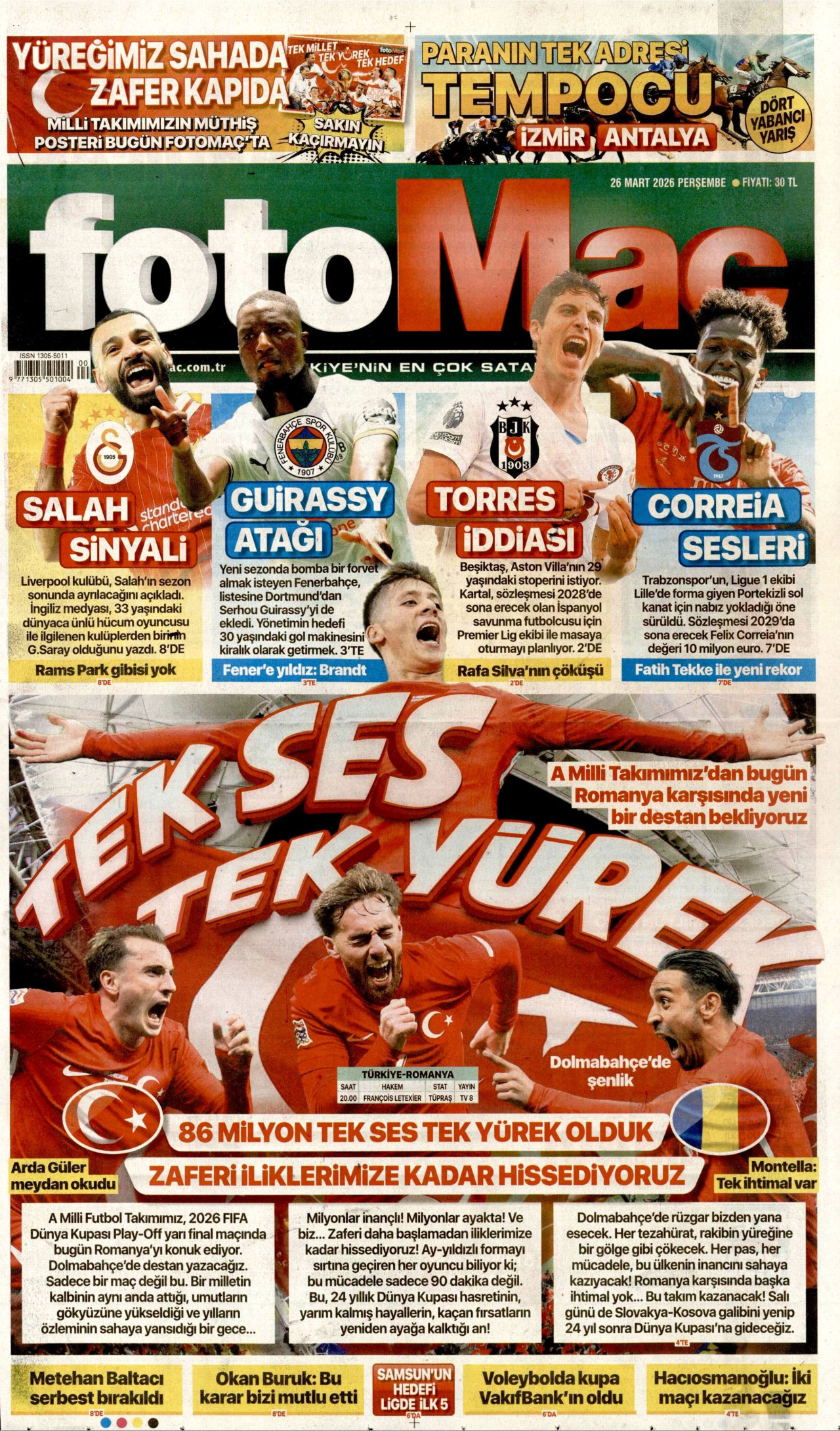 FOTOMAÇ gazetesinin 26 Mart 2026 tarihli birinci sayfası