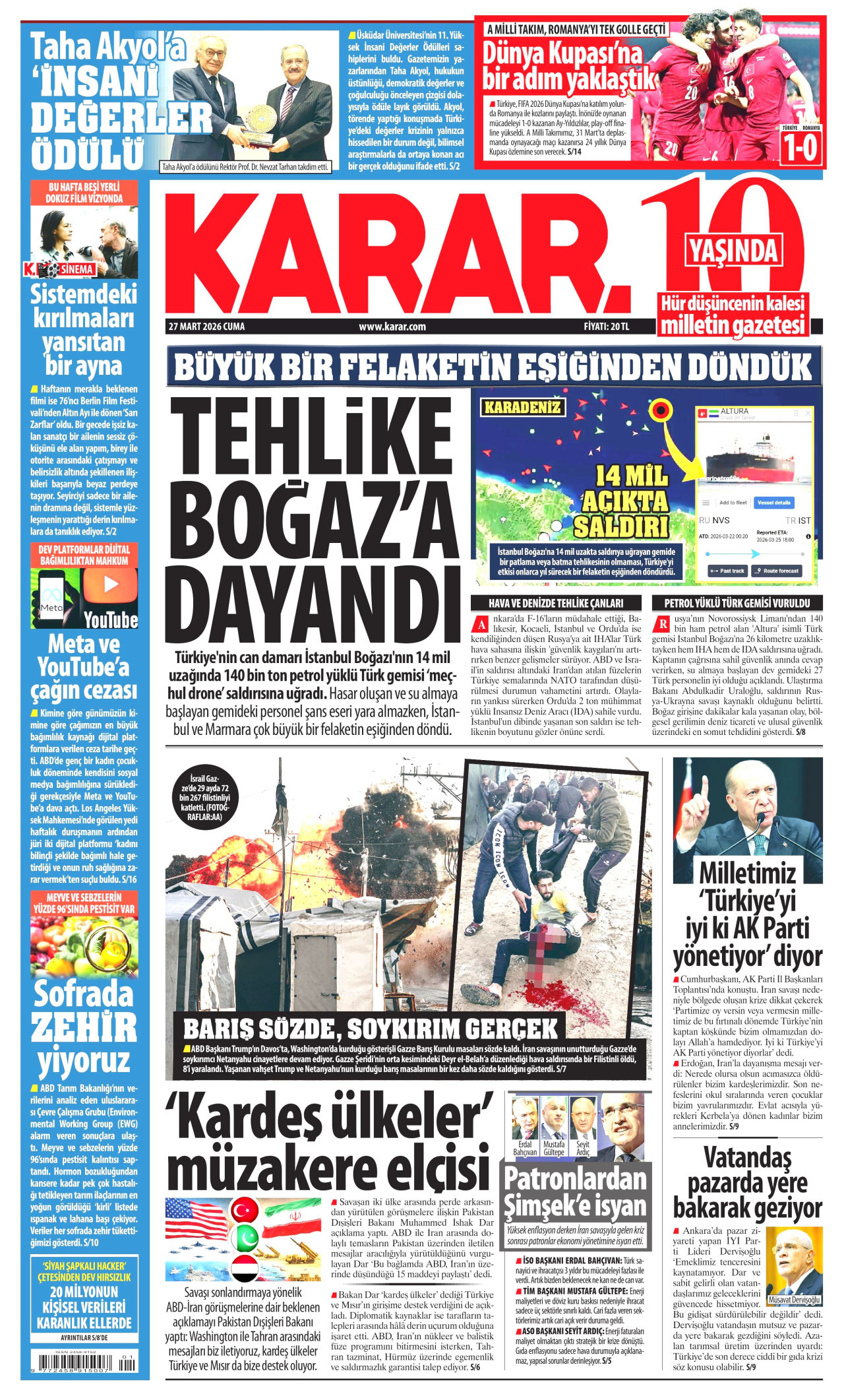 KARAR gazetesinin 27 Mart 2026 tarihli birinci sayfası