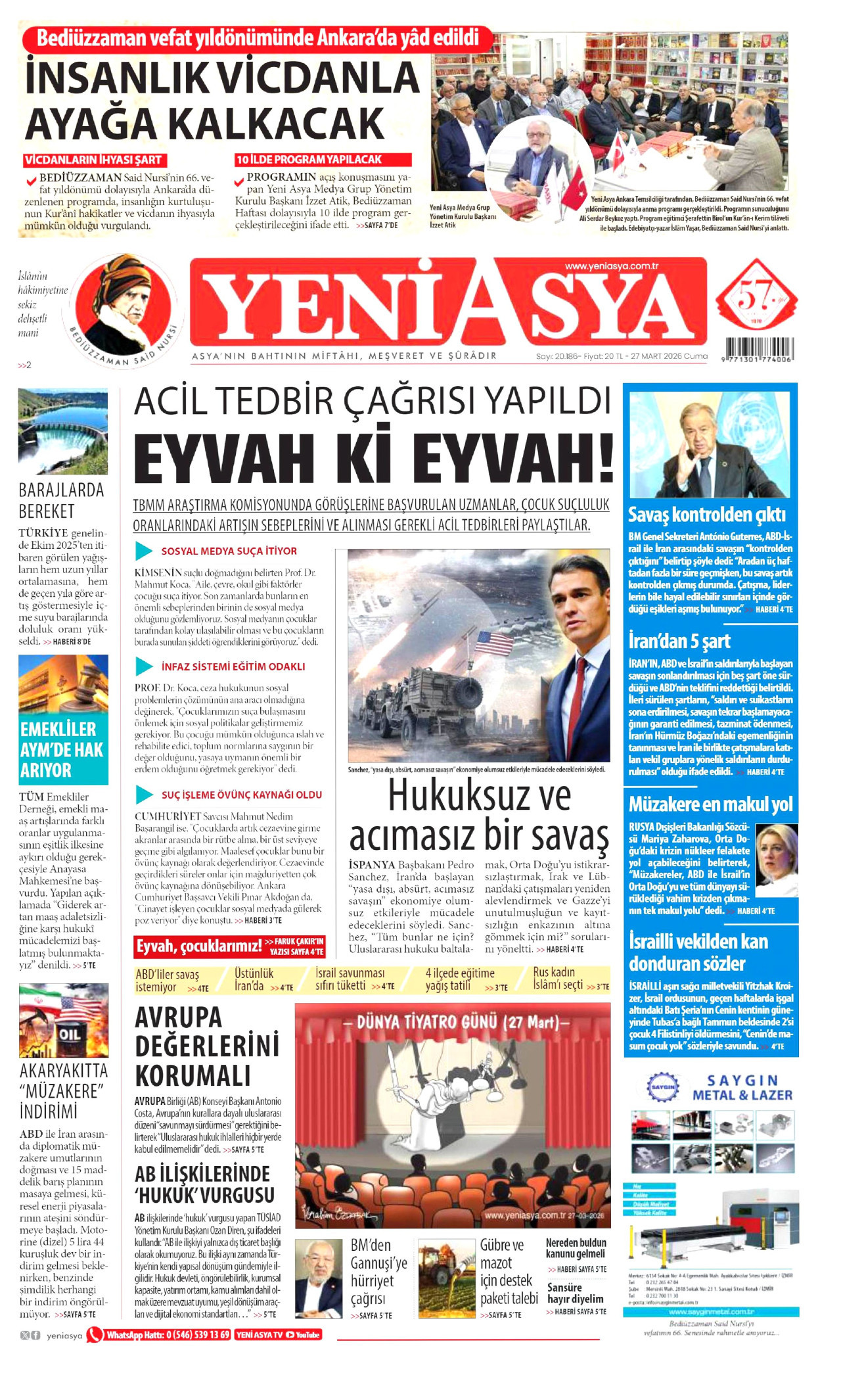 YENİ ASYA gazetesinin 27 Mart 2026 tarihli birinci sayfası