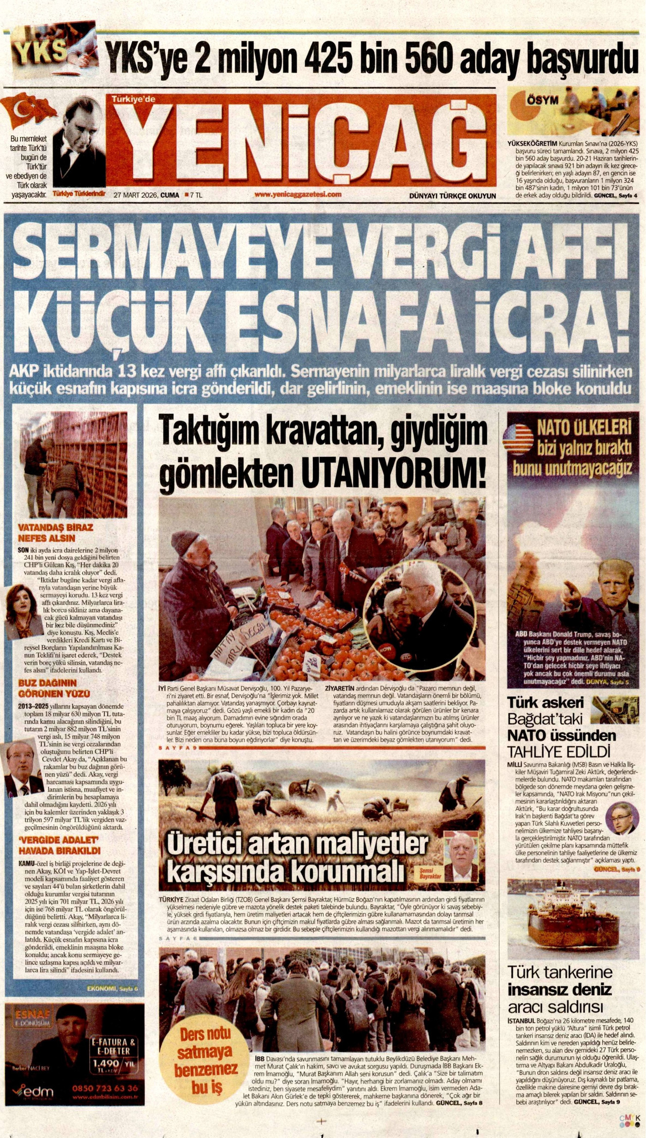 YENİÇAĞ gazetesinin 27 Mart 2026 tarihli birinci sayfası