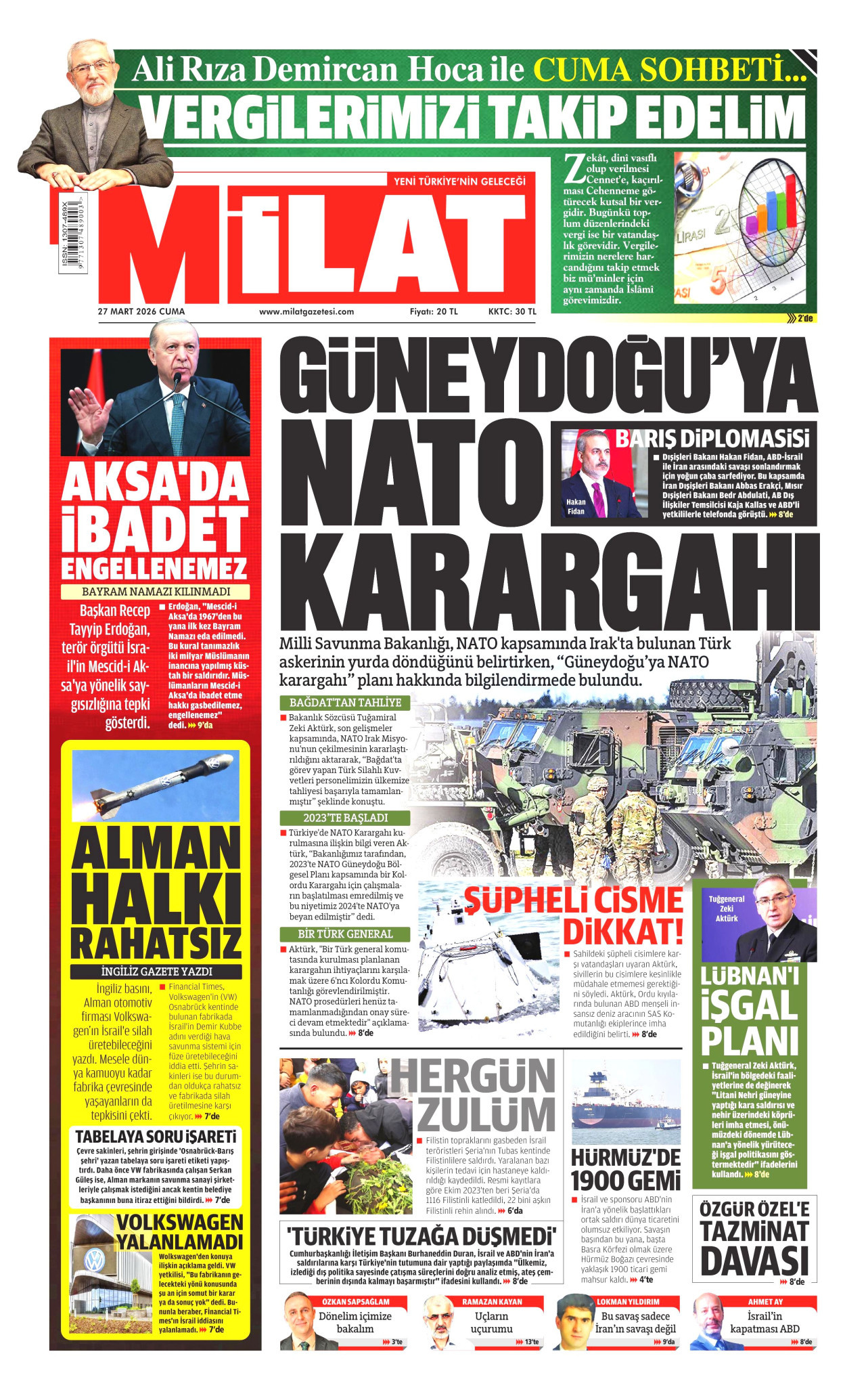 MİLAT gazetesinin 27 Mart 2026 tarihli birinci sayfası