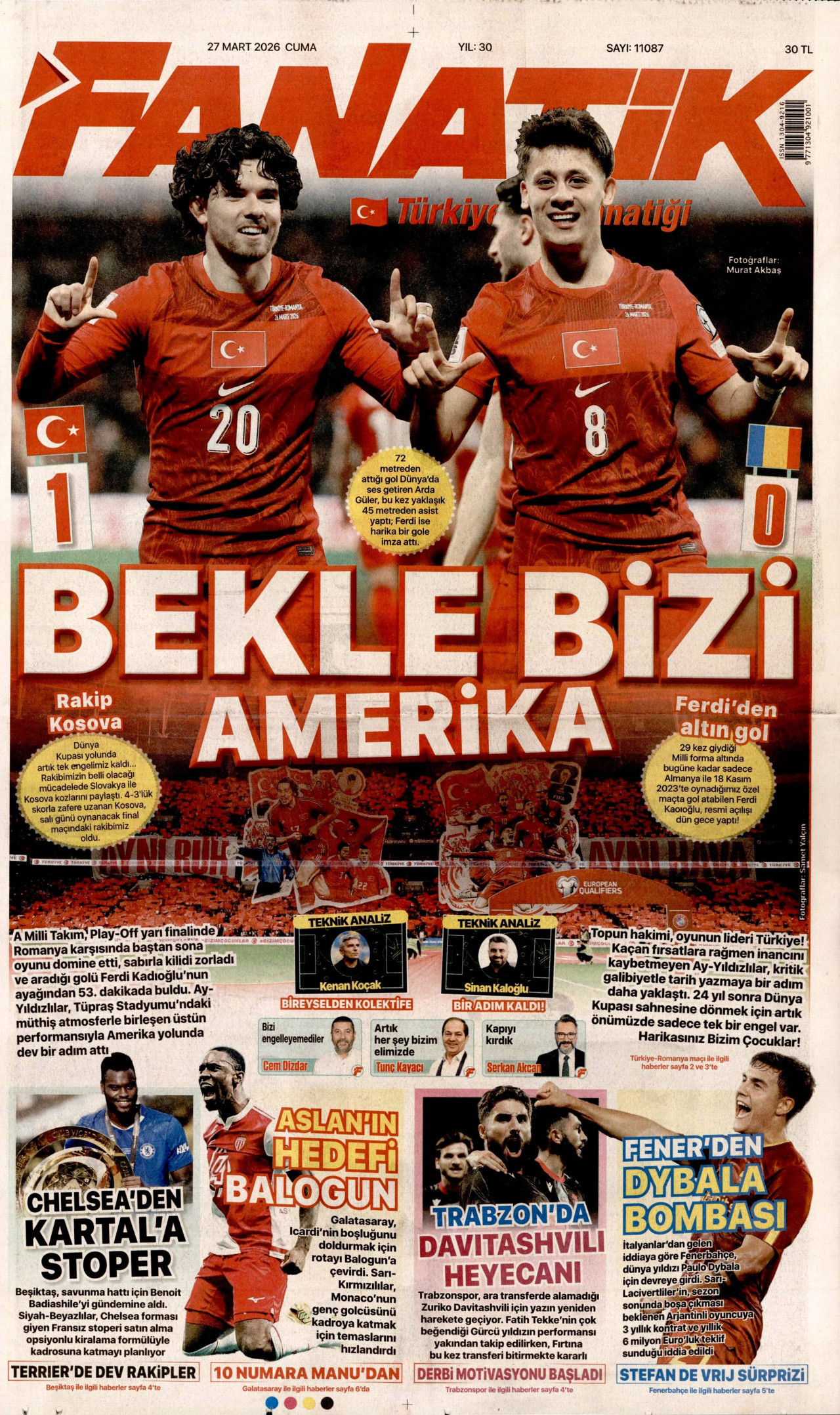 FANATİK gazetesinin 27 Mart 2026 tarihli birinci sayfası