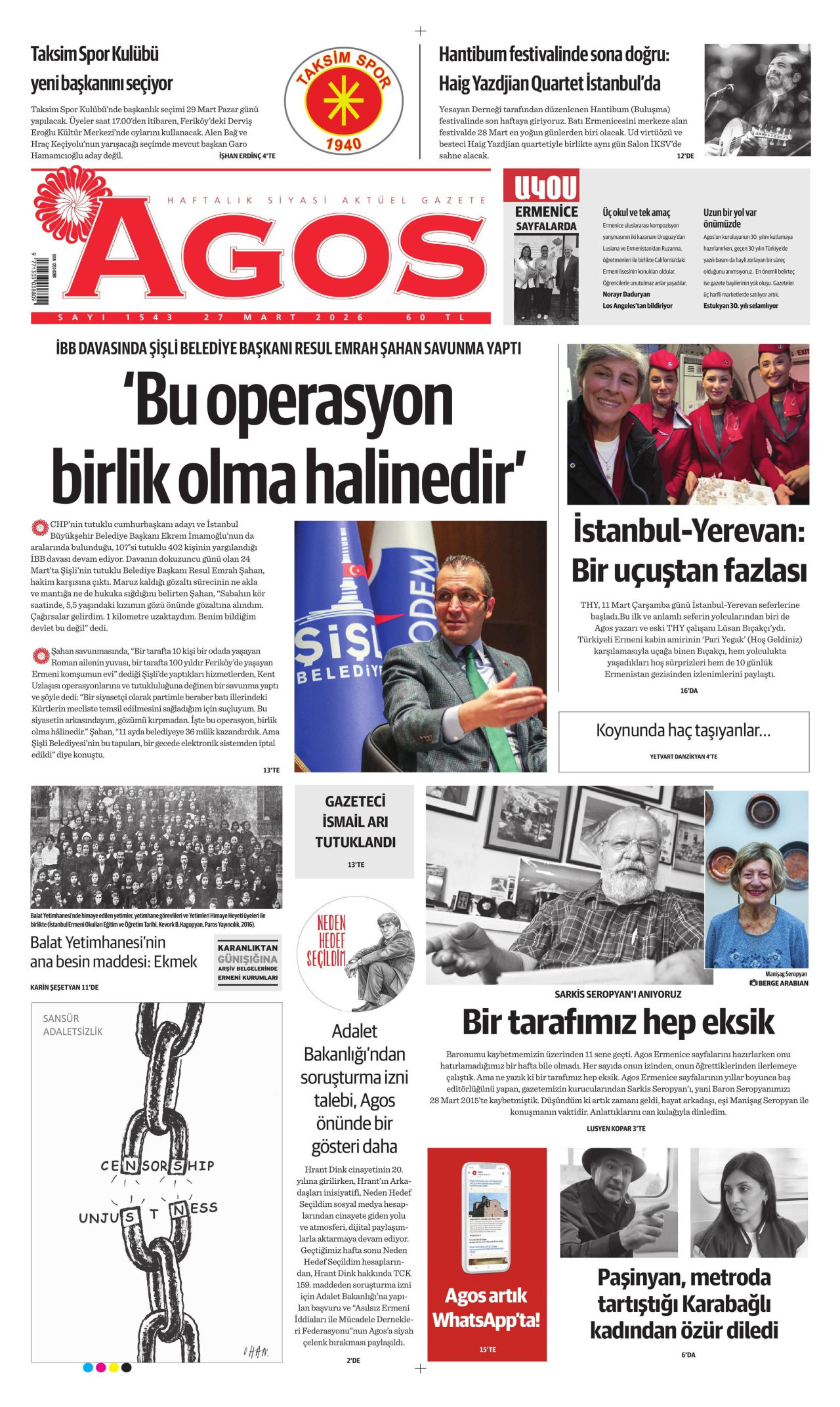 AGOS gazetesinin 27 Mart 2026 tarihli birinci sayfası