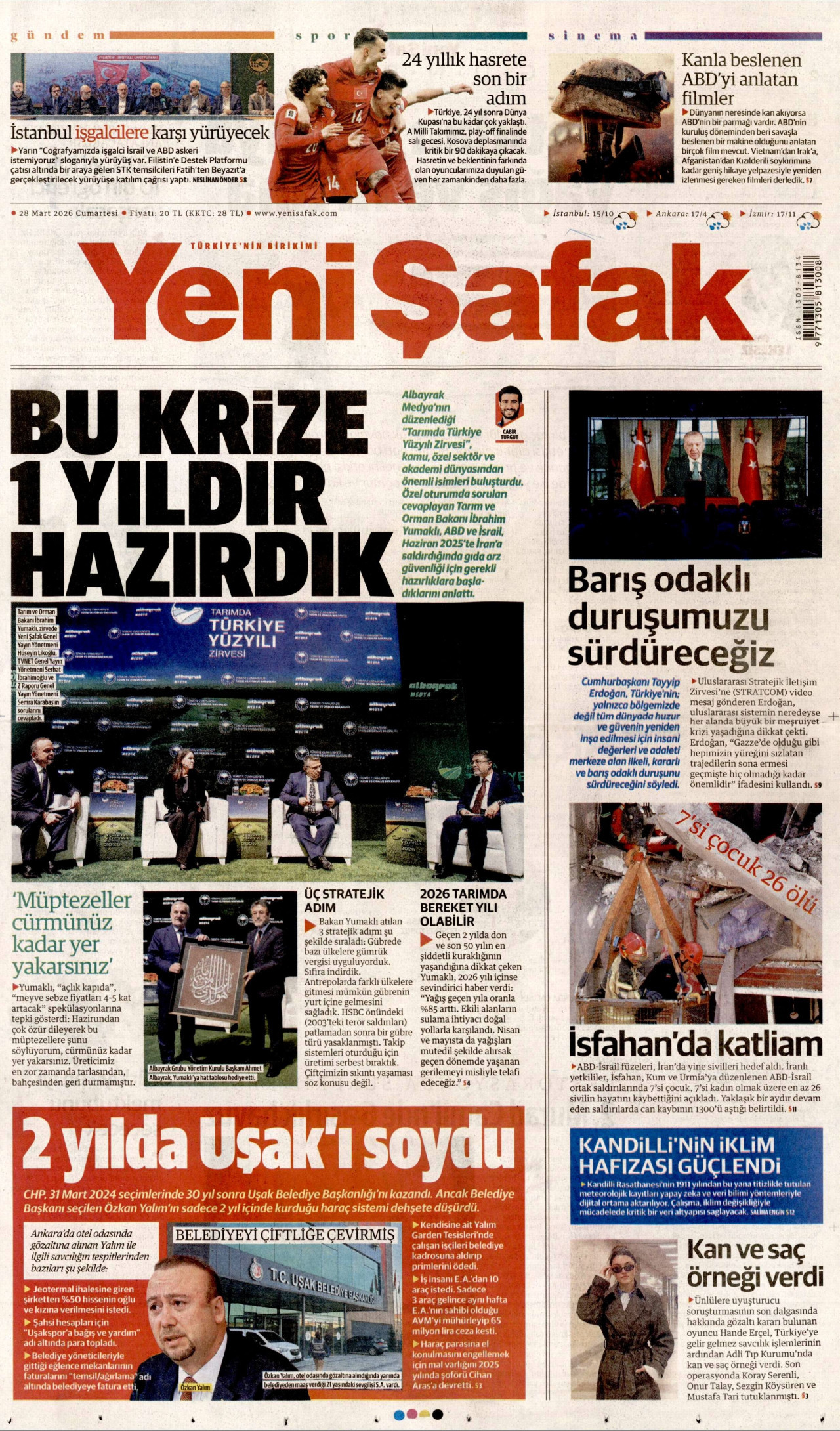YENİ ŞAFAK gazetesinin 28 Mart 2026 tarihli birinci sayfası