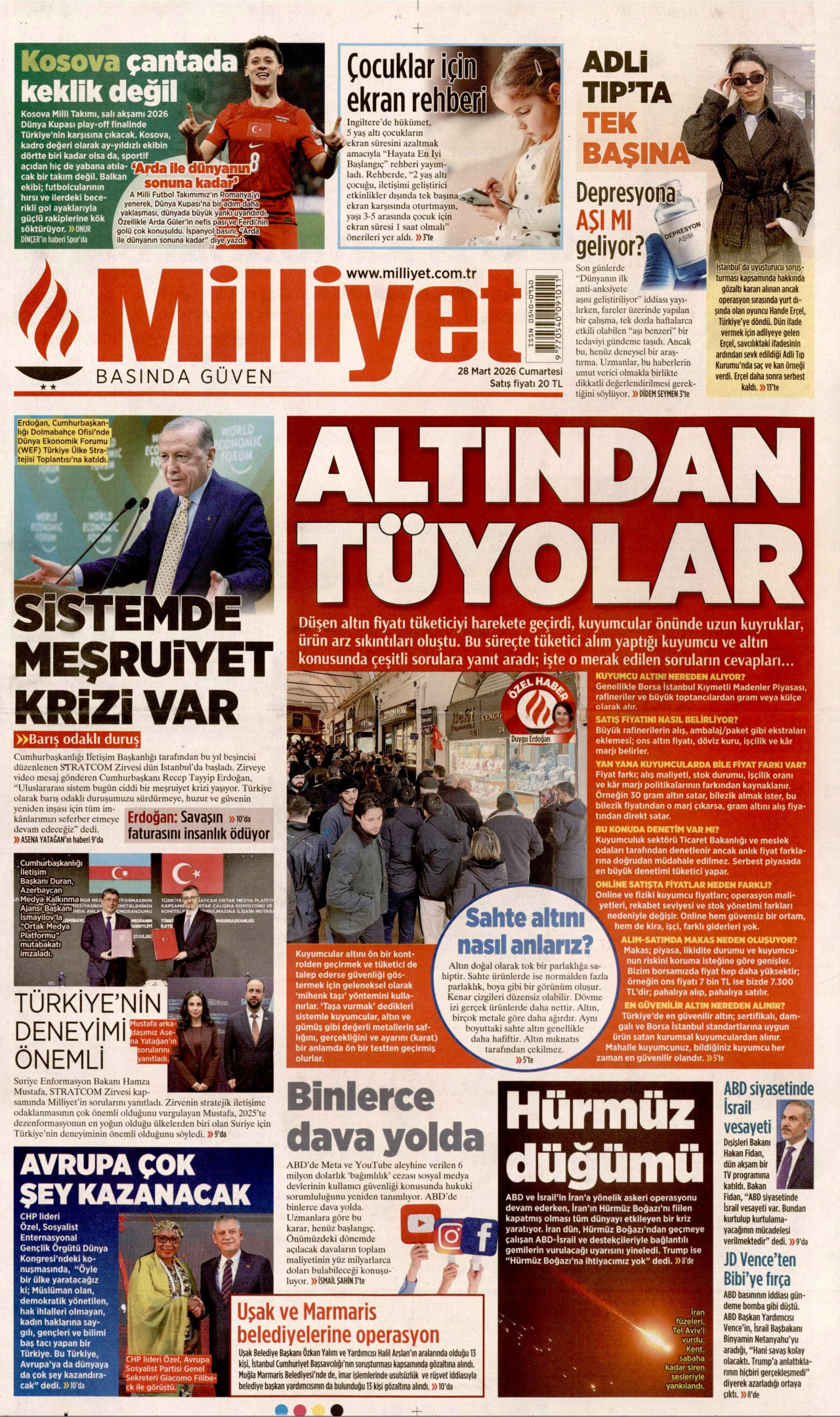 MİLLİYET gazetesinin 28 Mart 2026 tarihli birinci sayfası