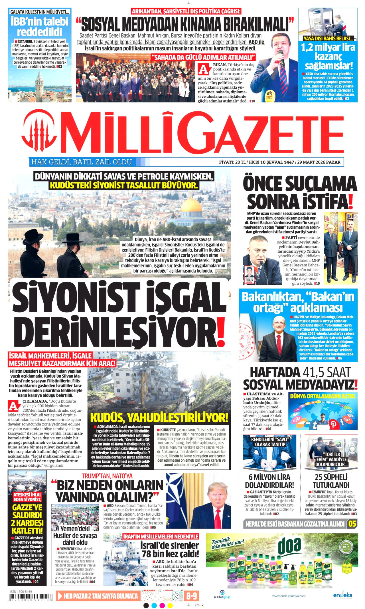 MİLLİ GAZETE gazetesinin 29 Mart 2026 tarihli birinci sayfası