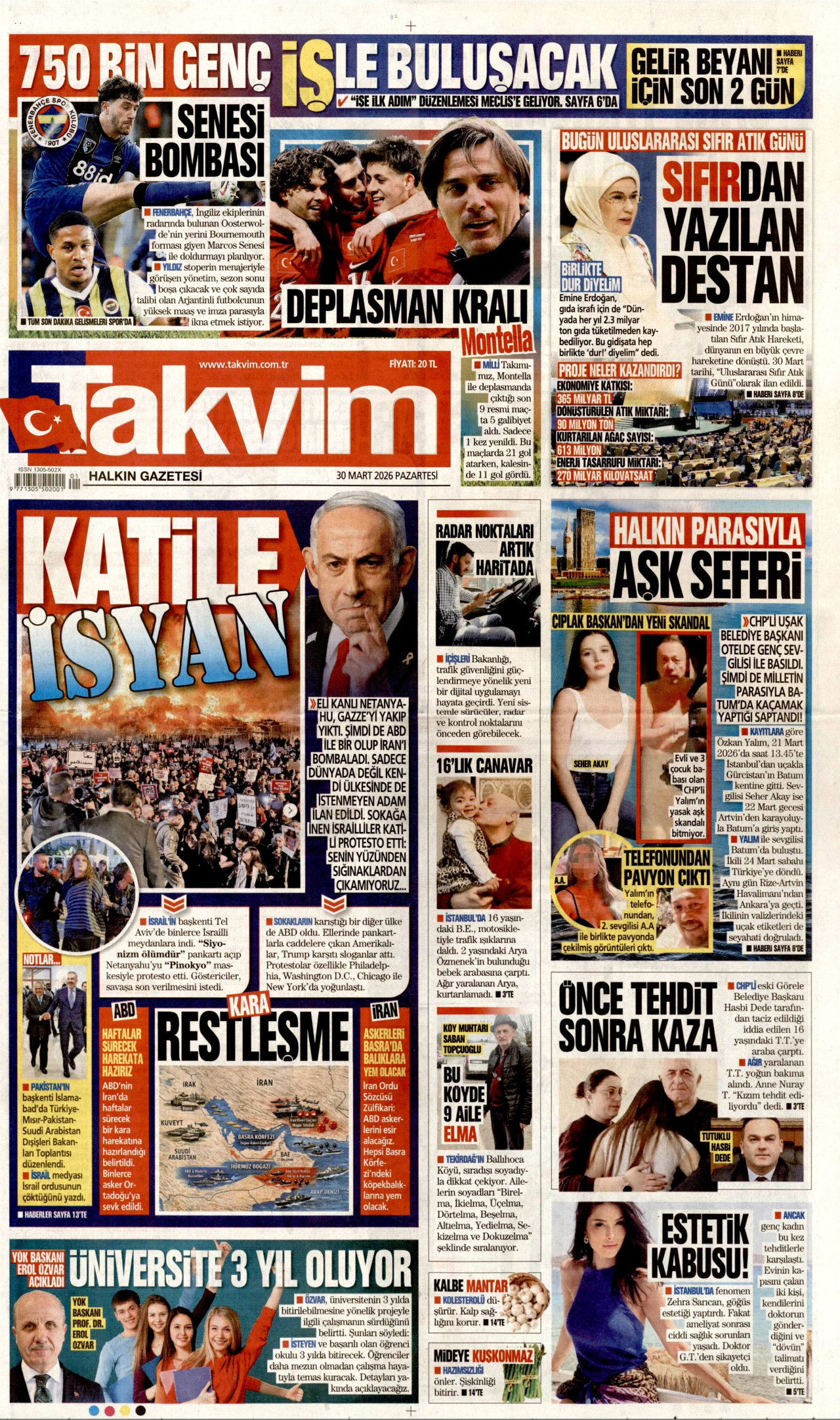 TAKVİM gazetesinin 30 Mart 2026 tarihli birinci sayfası