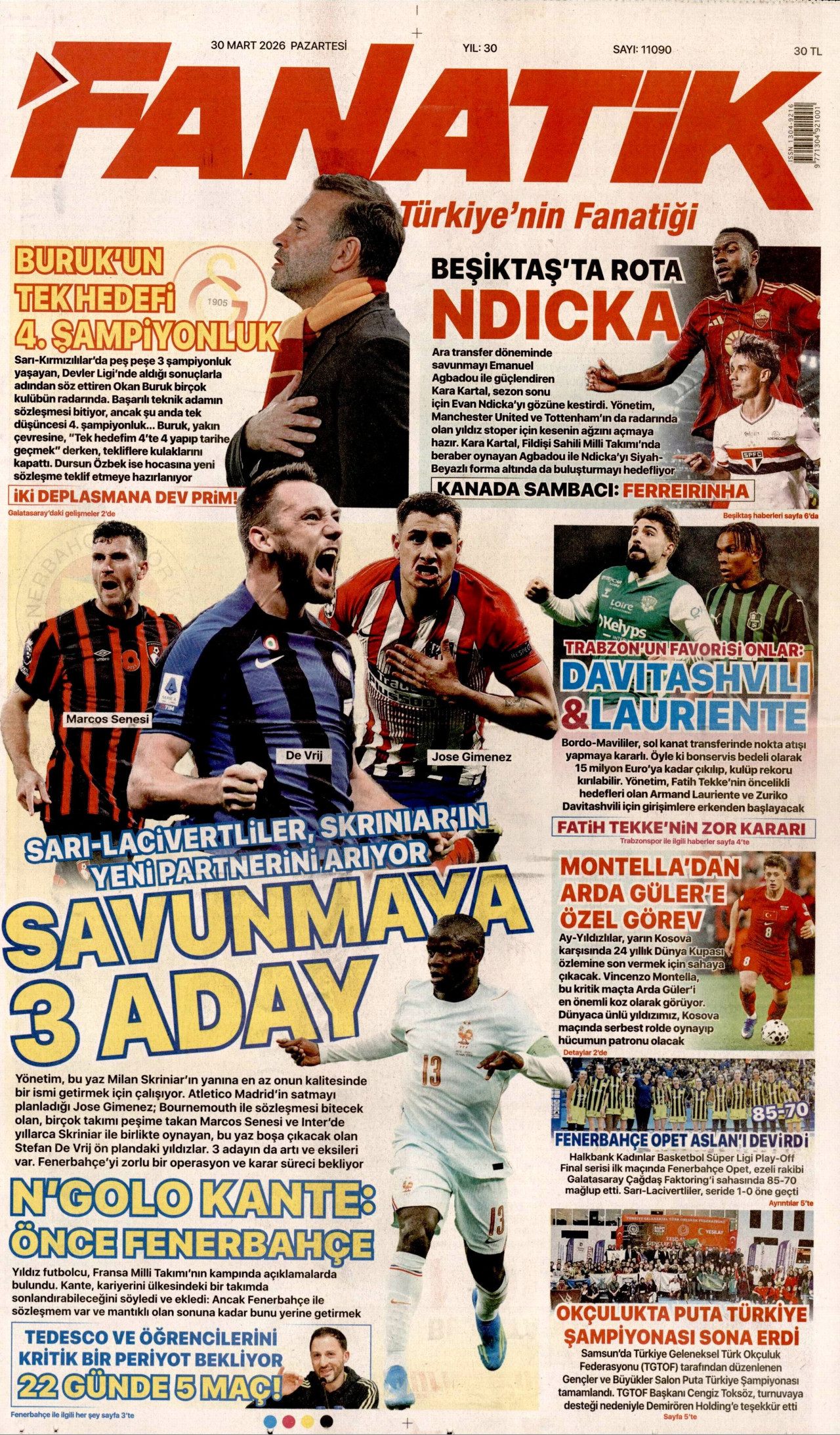 FANATİK gazetesinin 30 Mart 2026 tarihli birinci sayfası