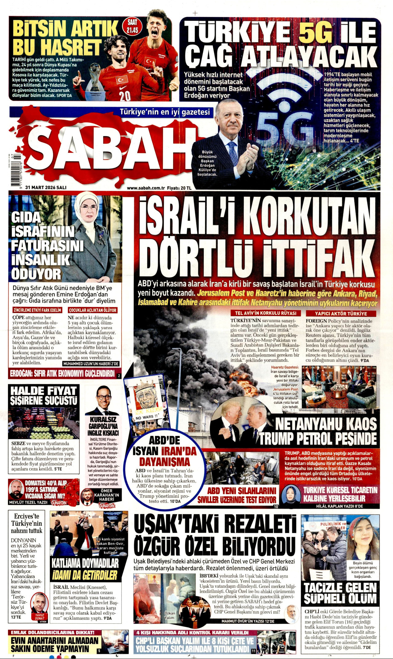 SABAH gazetesinin 31 Mart 2026 tarihli birinci sayfası