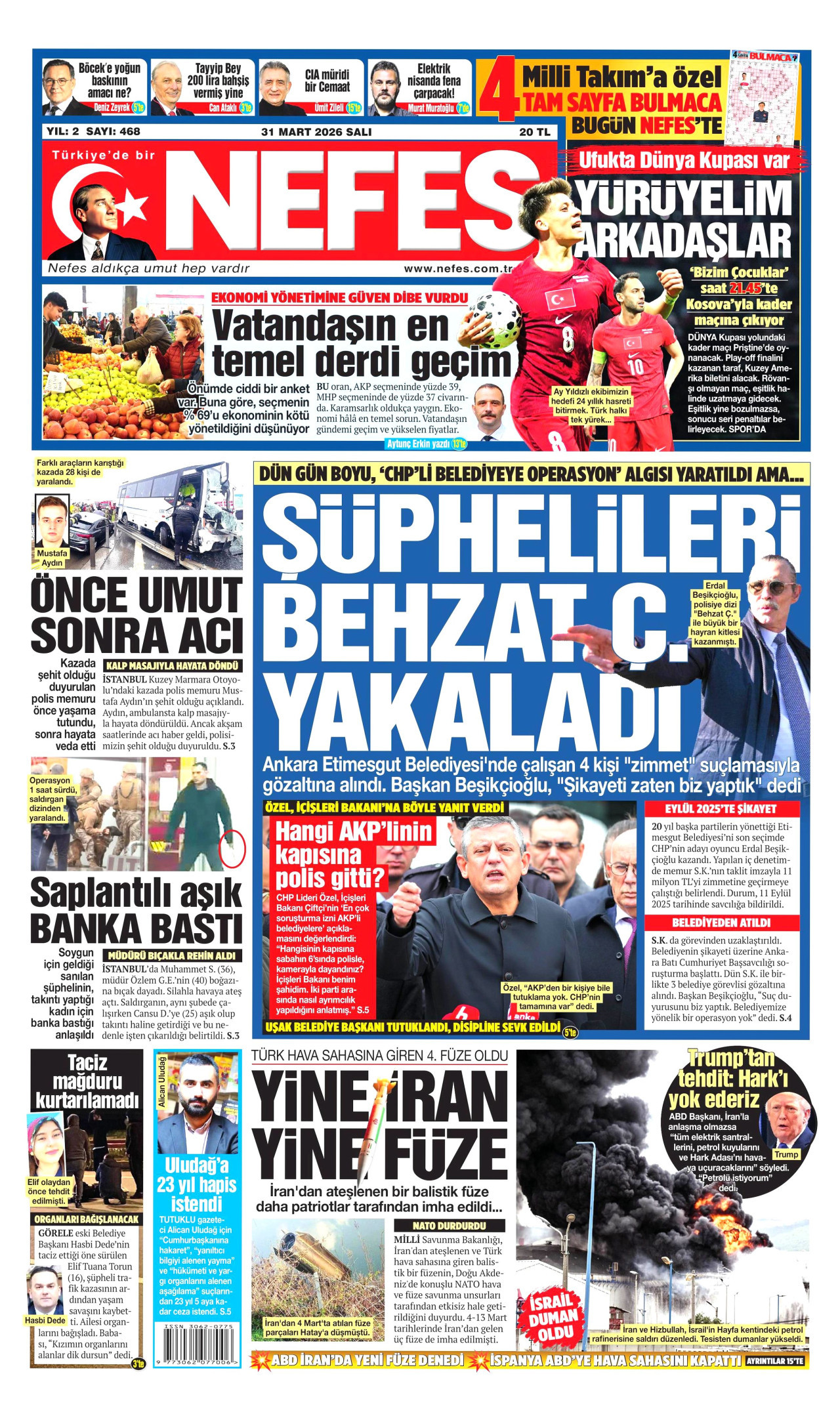 NEFES gazetesinin 31 Mart 2026 tarihli birinci sayfası