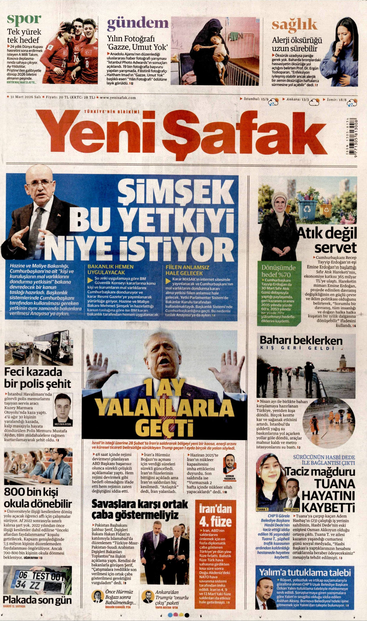 YENİ ŞAFAK gazetesinin 31 Mart 2026 tarihli birinci sayfası