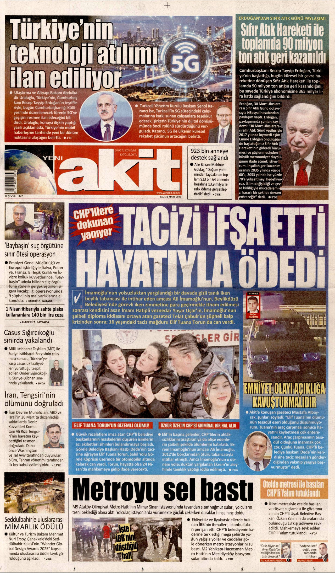 YENİ AKİT gazetesinin 31 Mart 2026 tarihli birinci sayfası