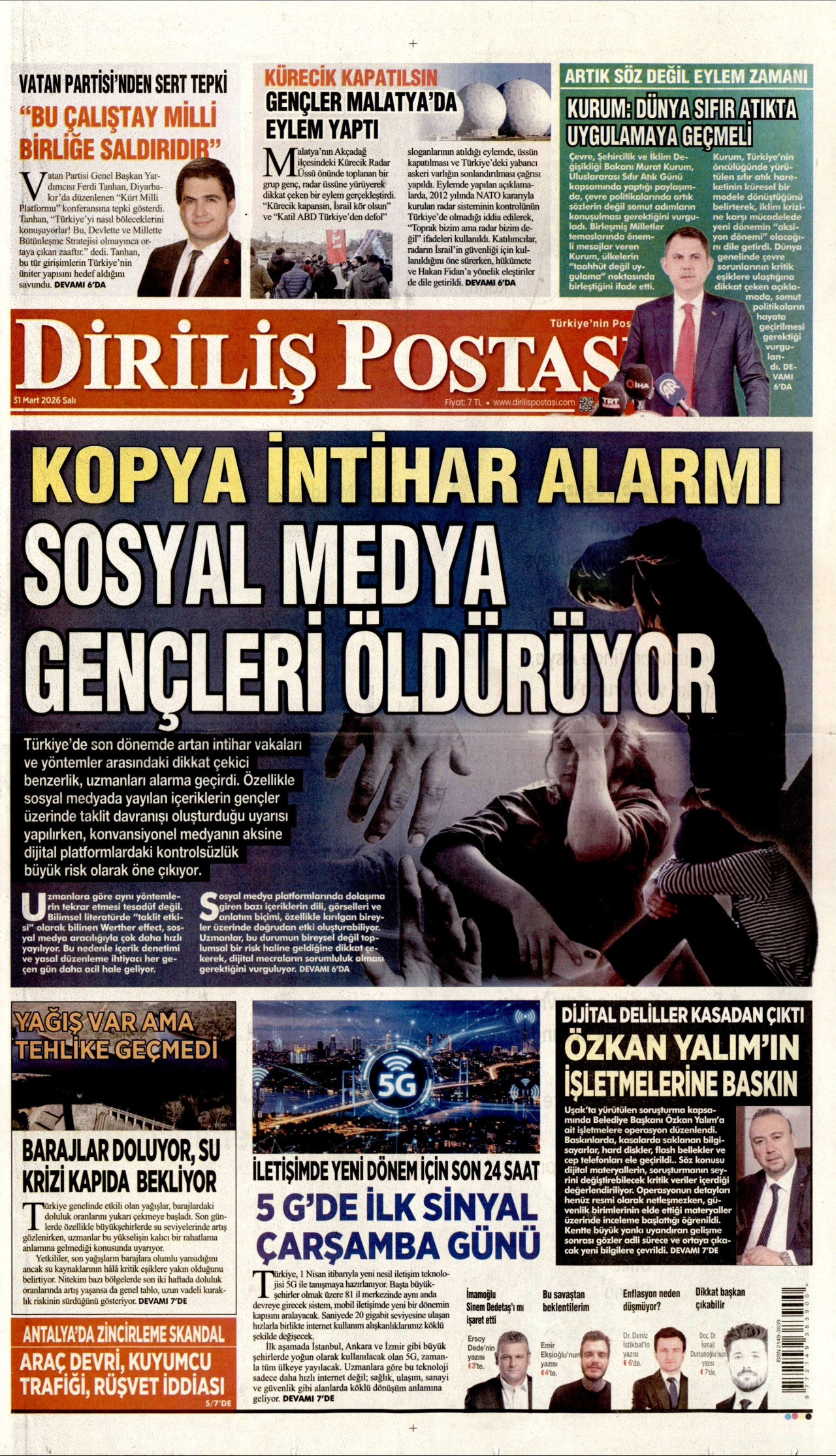 DİRİLİŞ POSTASI gazetesinin 31 Mart 2026 tarihli birinci sayfası