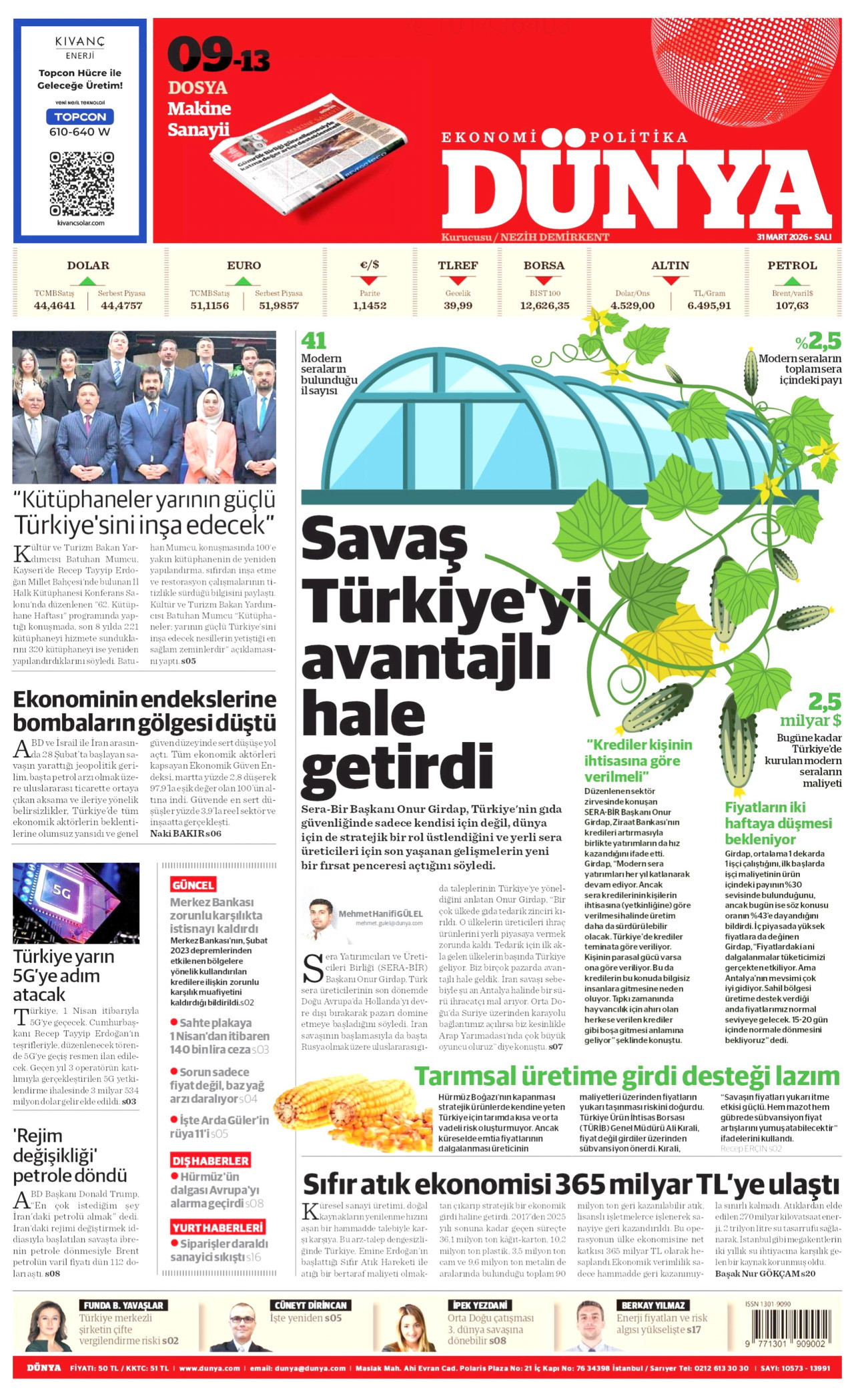 DÜNYA gazetesinin 31 Mart 2026 tarihli birinci sayfası