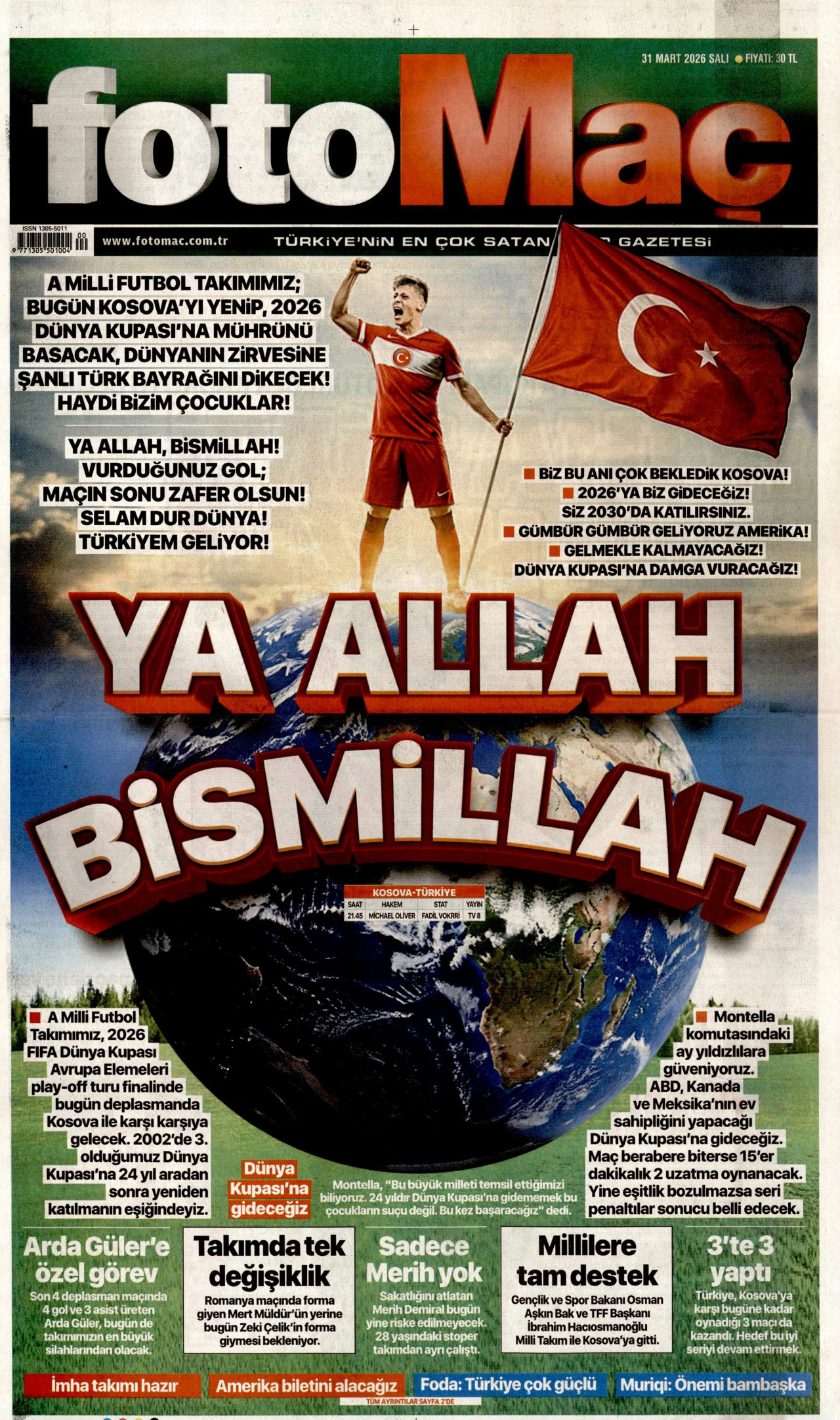 FOTOMAÇ gazetesinin 31 Mart 2026 tarihli birinci sayfası