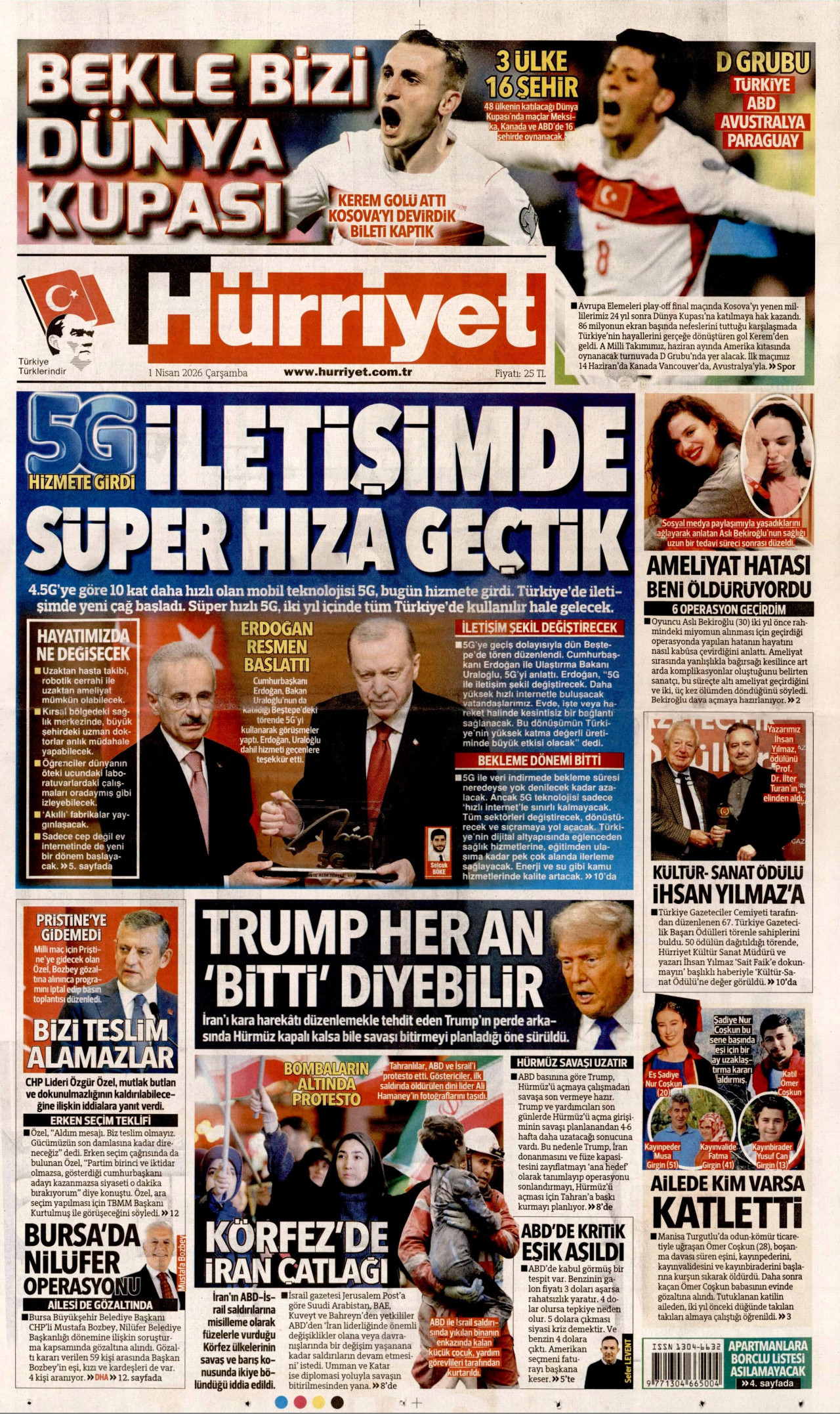 HÜRRİYET gazetesinin 1 Nisan 2026 tarihli birinci sayfası