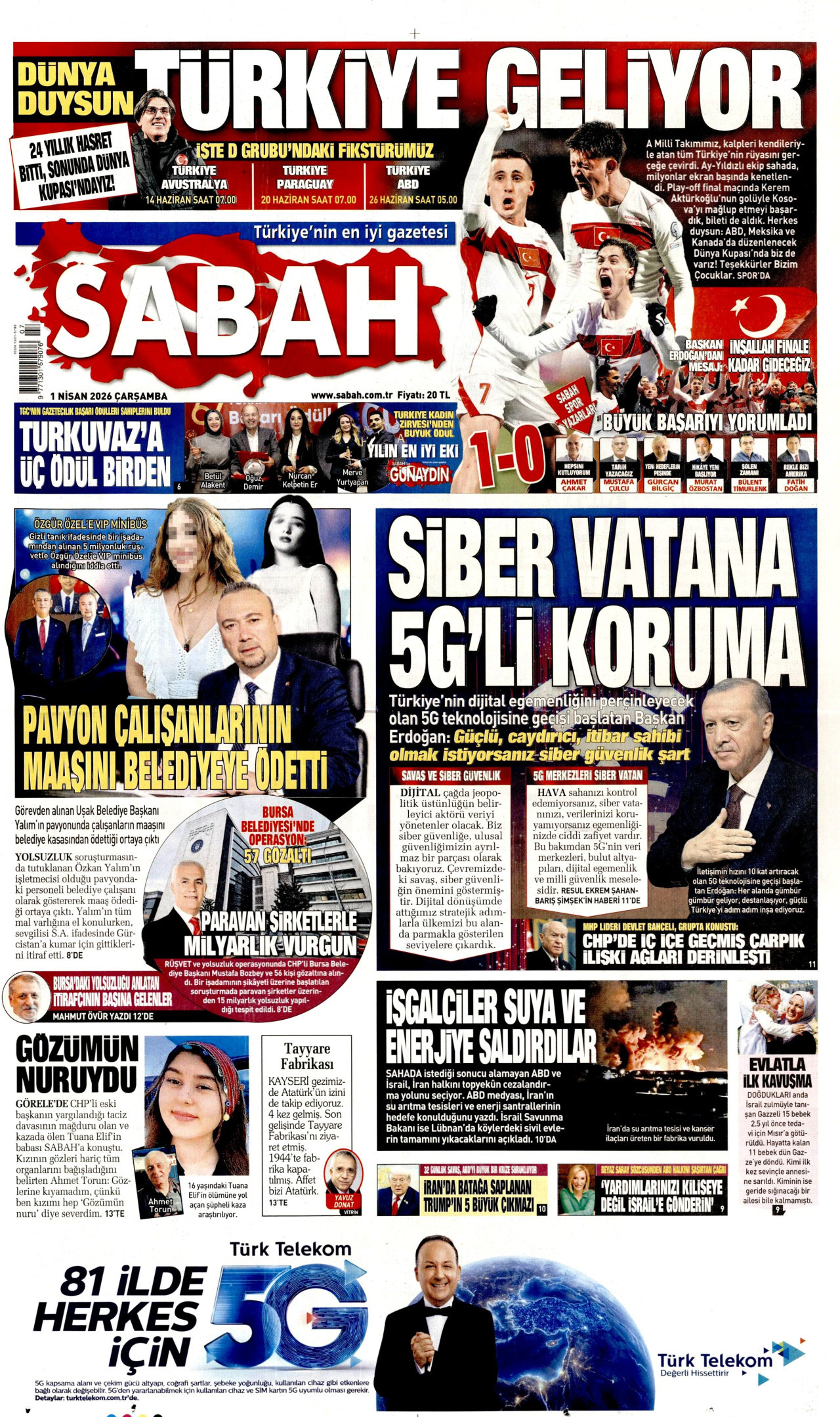 SABAH gazetesinin 1 Nisan 2026 tarihli birinci sayfası