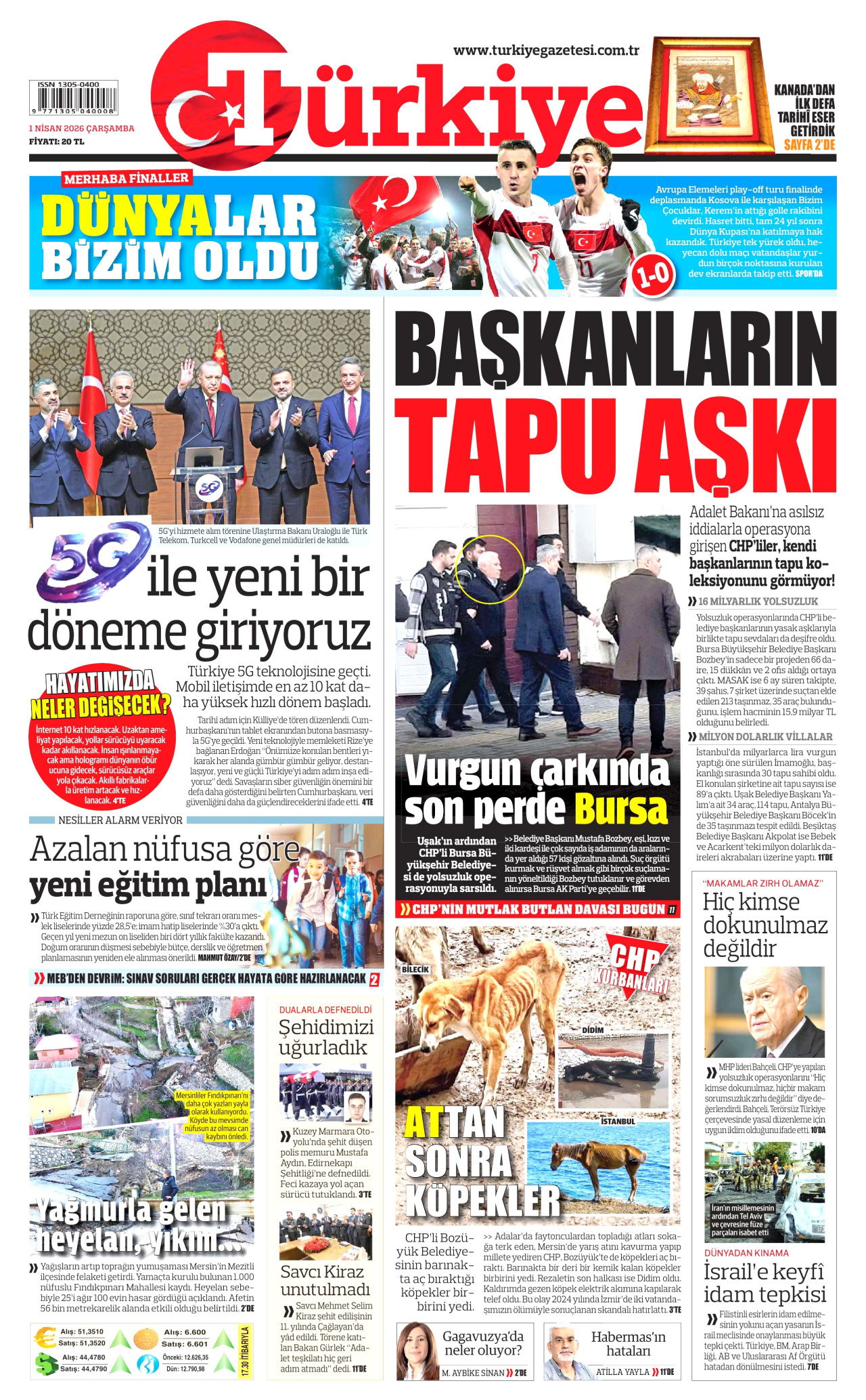 TÜRKİYE GAZETESİ gazetesinin 1 Nisan 2026 tarihli birinci sayfası
