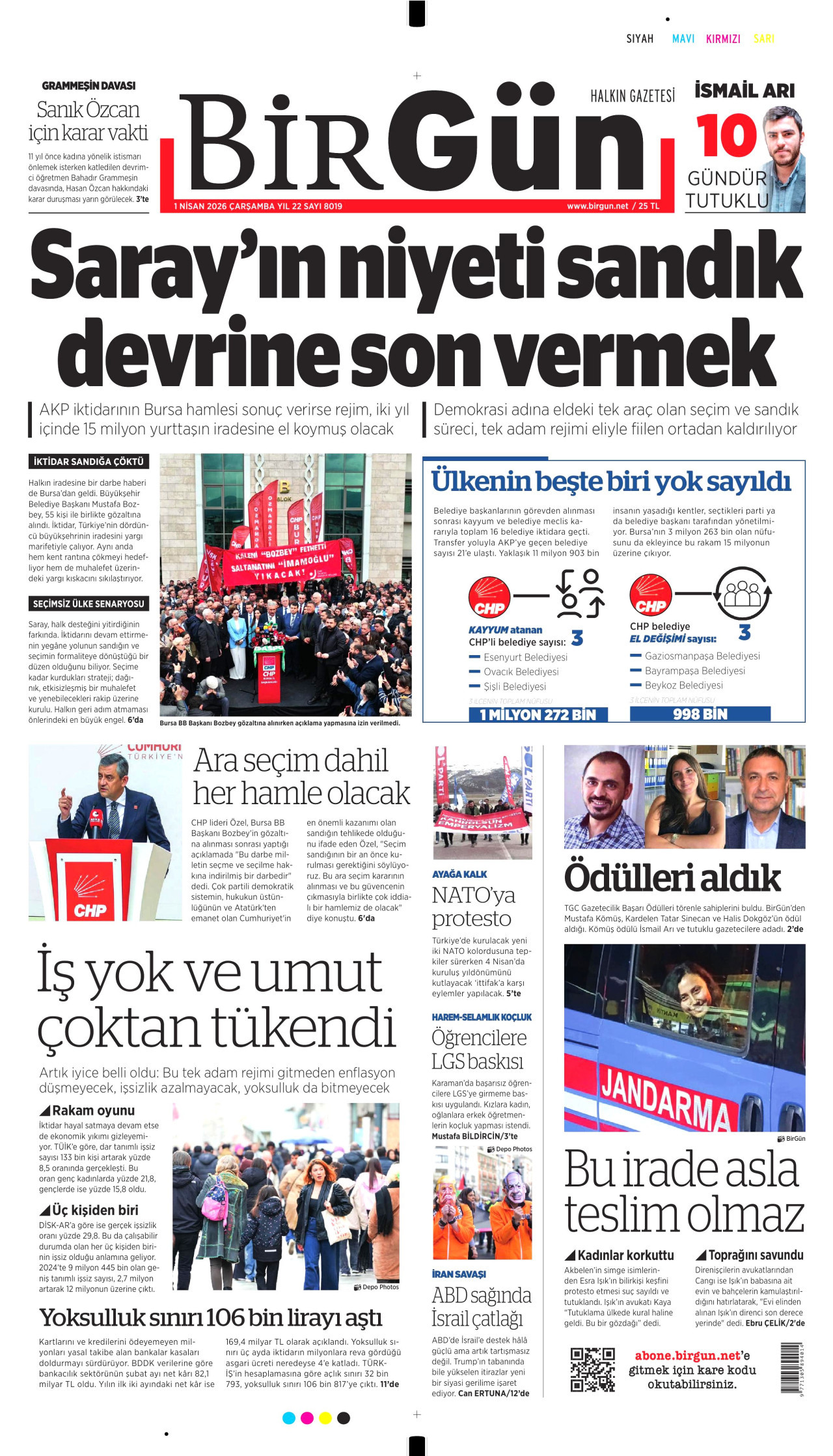 BİRGÜN gazetesinin 1 Nisan 2026 tarihli birinci sayfası