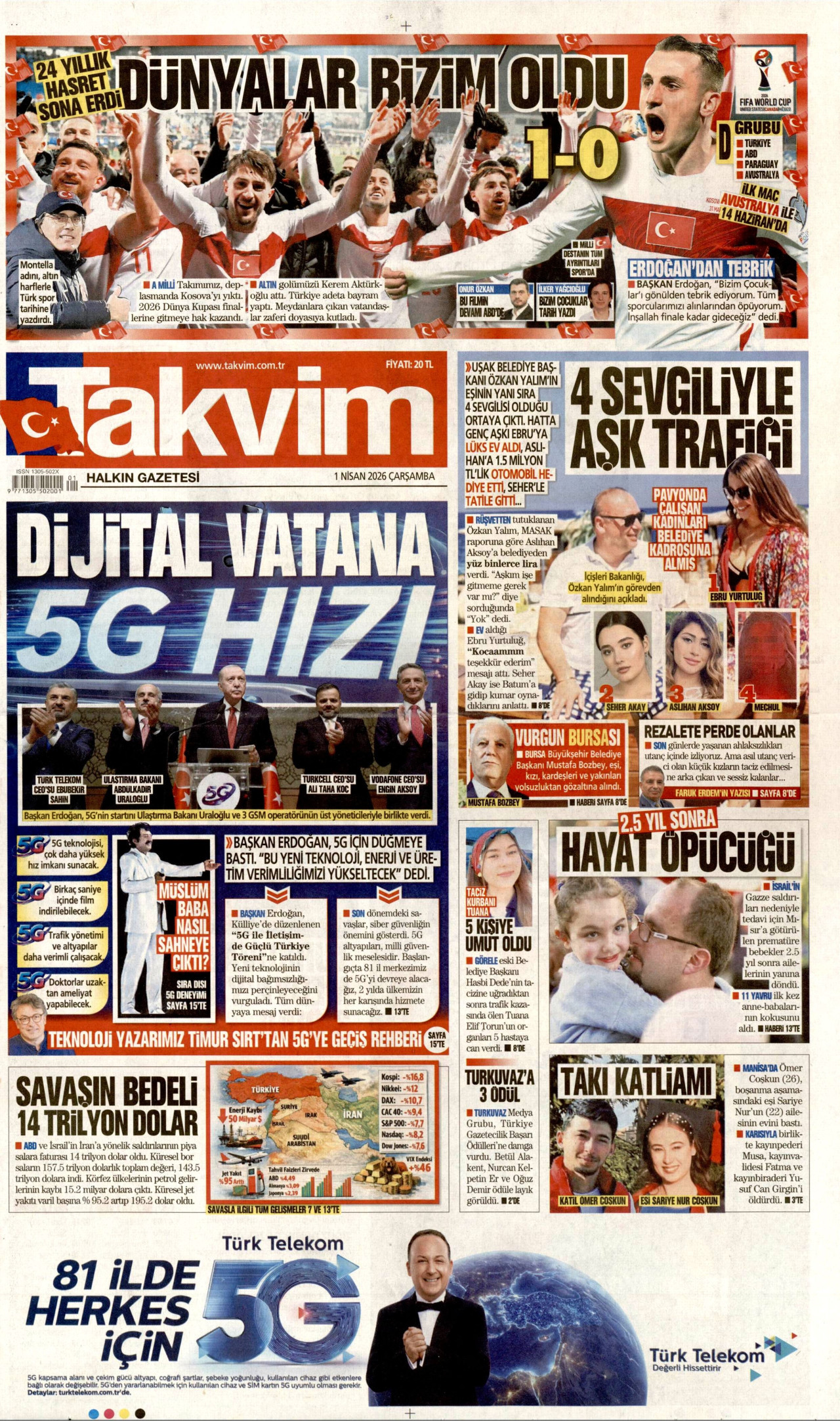 TAKVİM gazetesinin 1 Nisan 2026 tarihli birinci sayfası