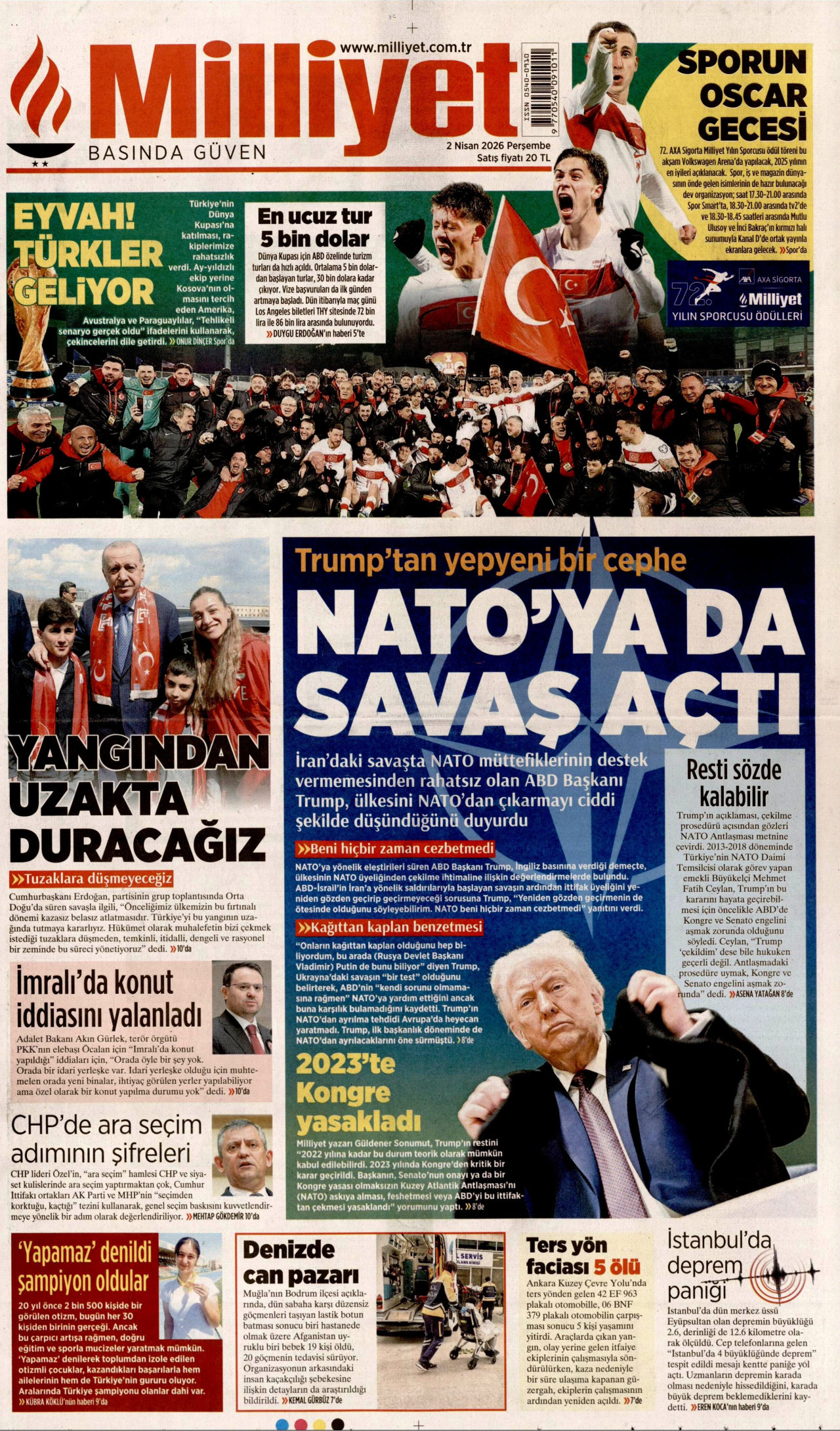 MİLLİYET gazetesinin 2 Nisan 2026 tarihli birinci sayfası