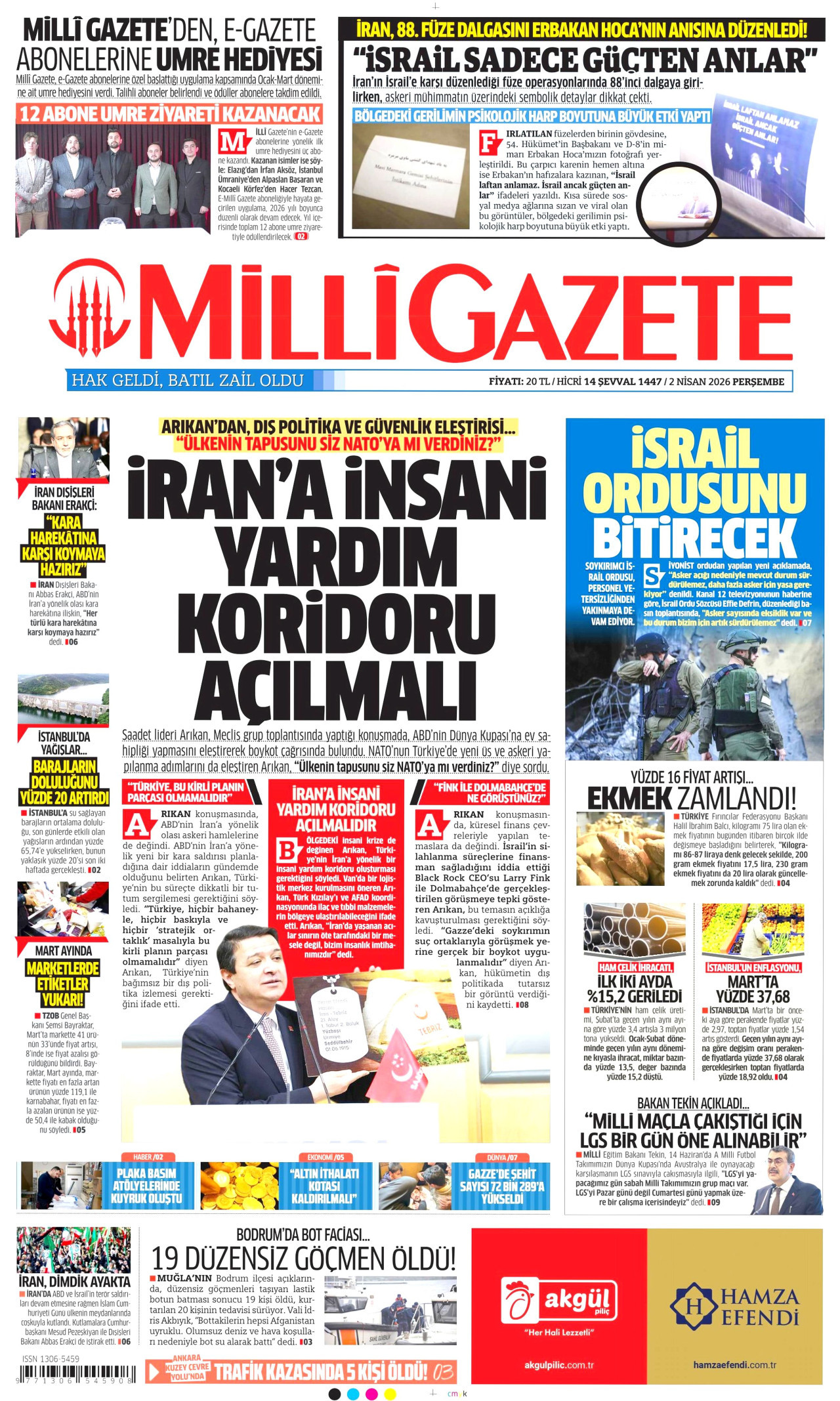 MİLLİ GAZETE gazetesinin 2 Nisan 2026 tarihli birinci sayfası