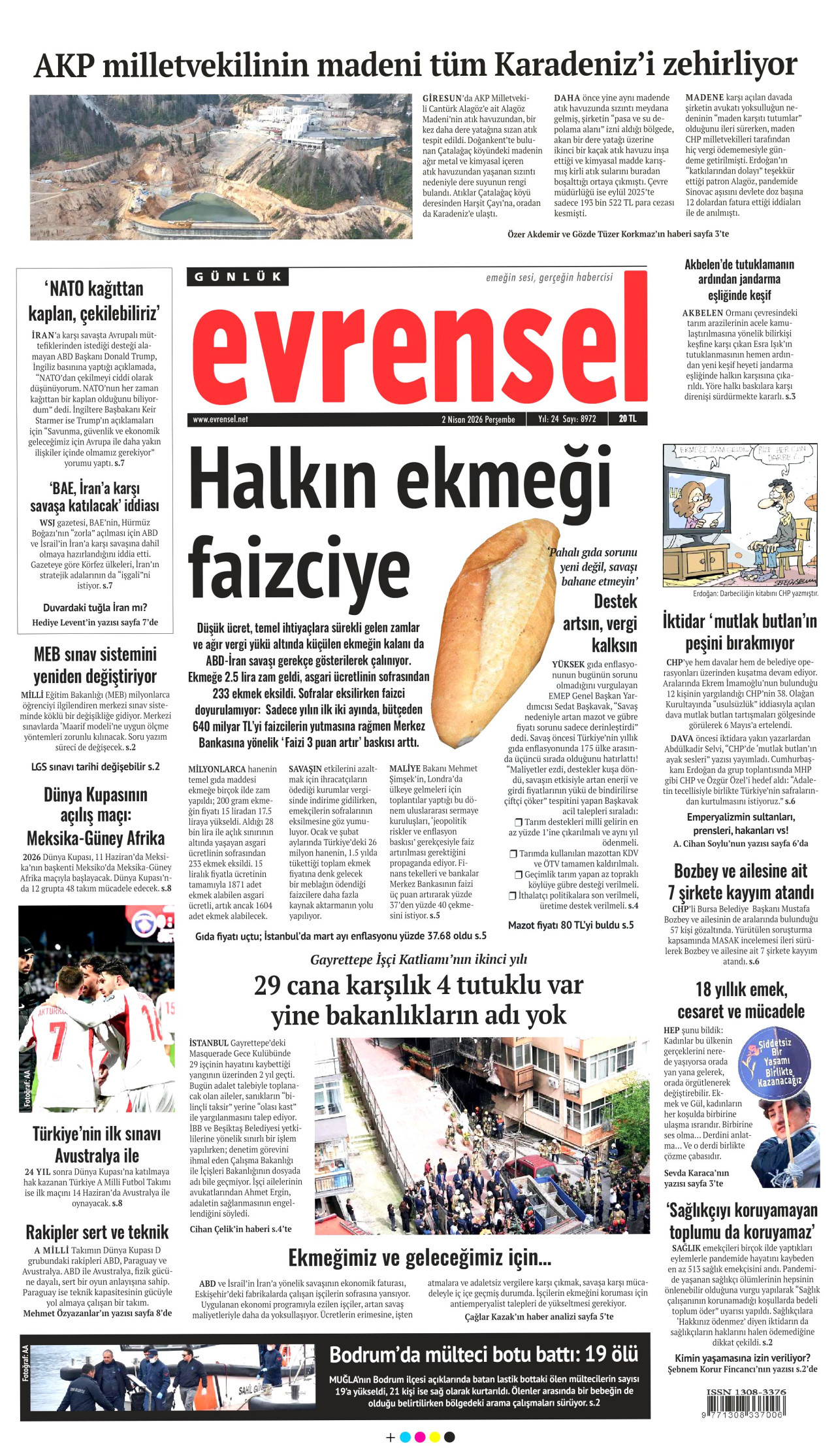 EVRENSEL gazetesinin 2 Nisan 2026 tarihli birinci sayfası