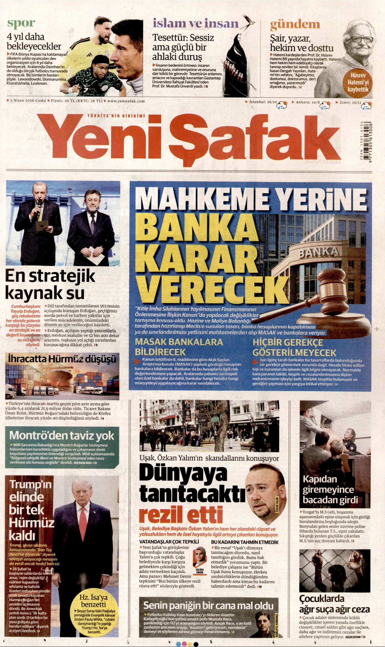 YENİ ŞAFAK gazetesinin 3 Nisan 2026 tarihli birinci sayfası