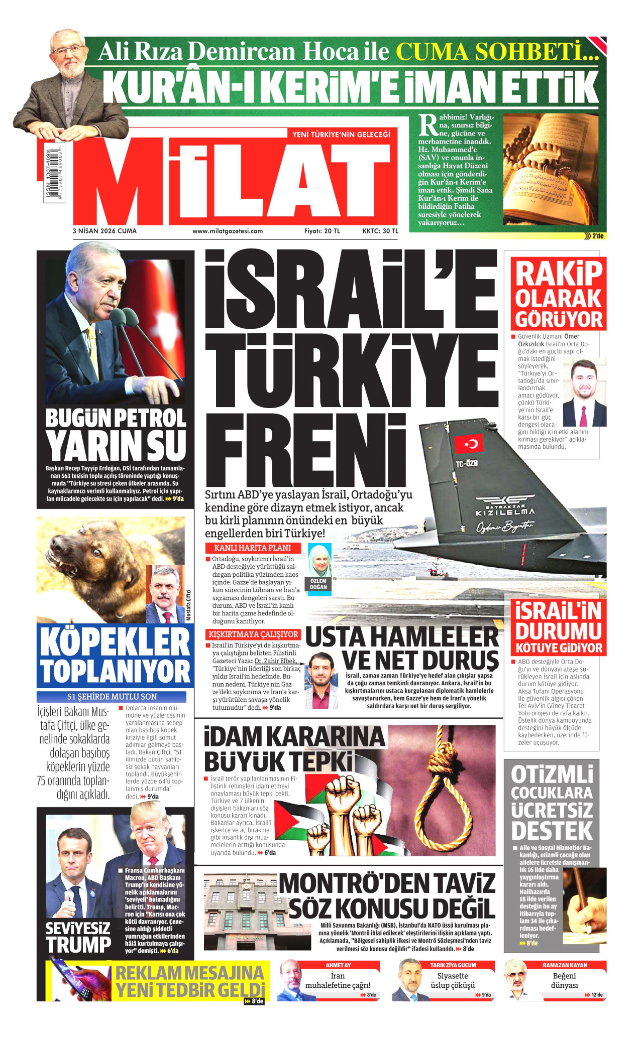 MİLAT gazetesinin 3 Nisan 2026 tarihli birinci sayfası