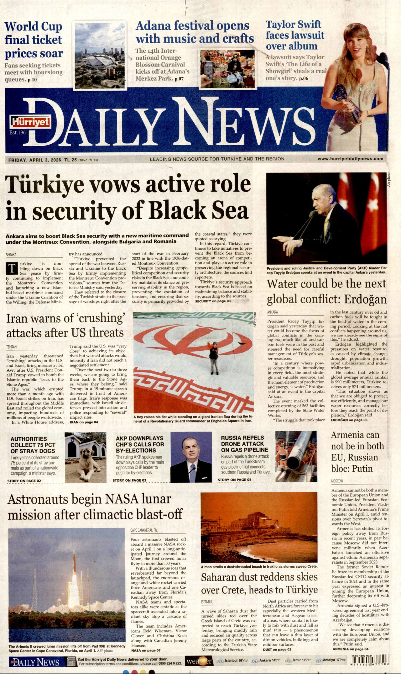HÜRRİYET DAİLY NEWS gazetesinin 3 Nisan 2026 tarihli birinci sayfası
