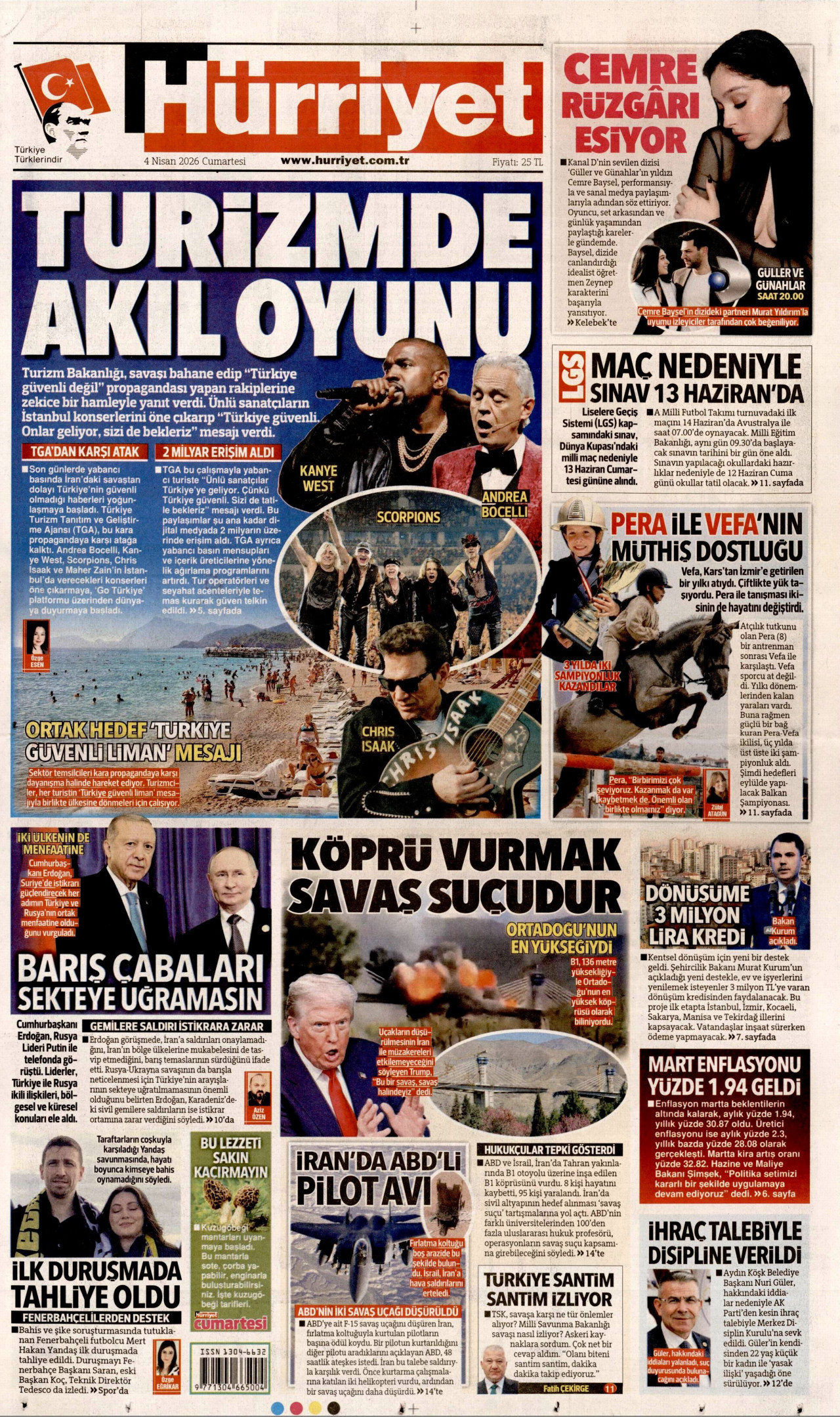 HÜRRİYET gazetesinin 4 Nisan 2026 tarihli birinci sayfası