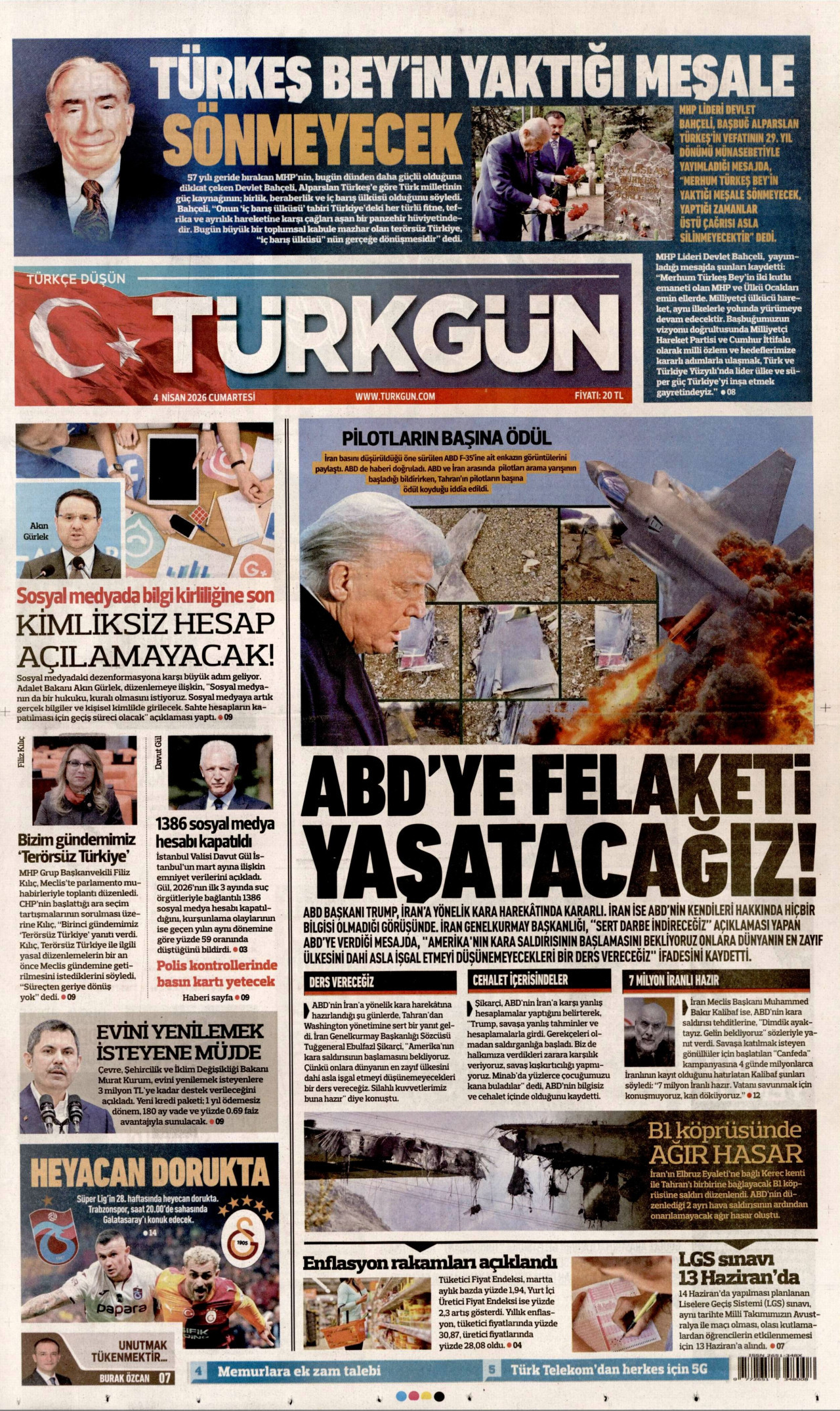 TÜRKGÜN gazetesinin 4 Nisan 2026 tarihli birinci sayfası