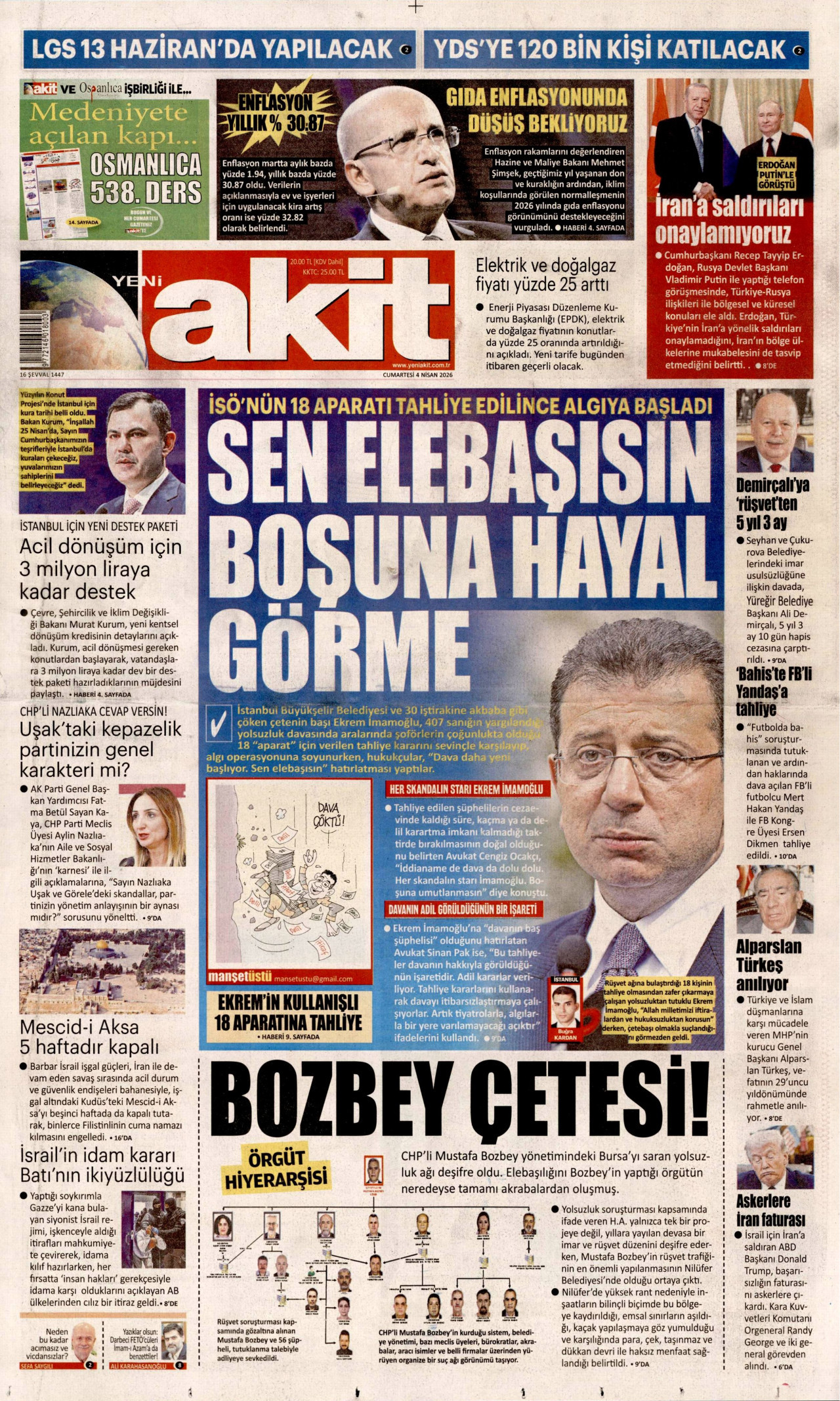 YENİ AKİT gazetesinin 4 Nisan 2026 tarihli birinci sayfası