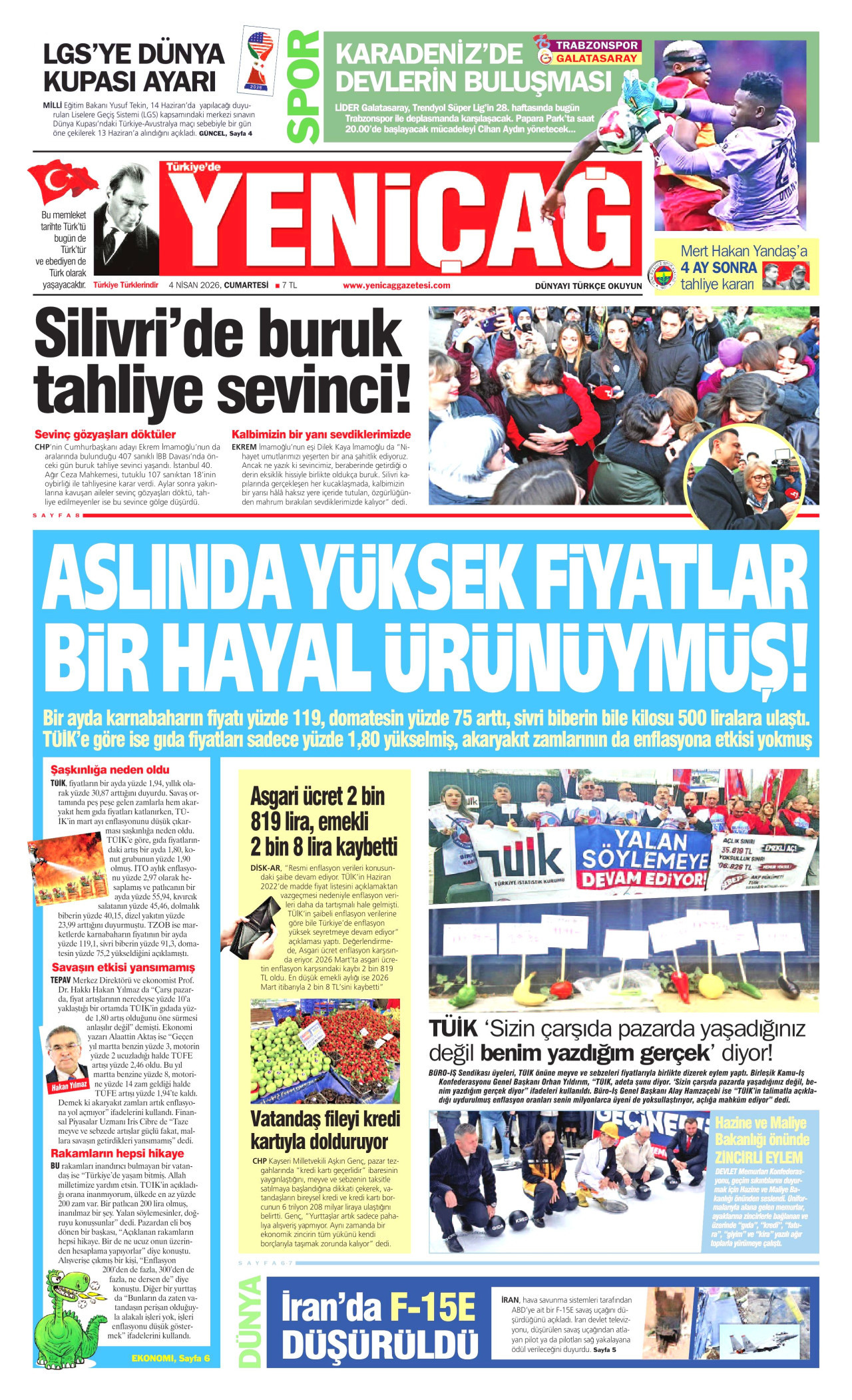 YENİÇAĞ gazetesinin 4 Nisan 2026 tarihli birinci sayfası