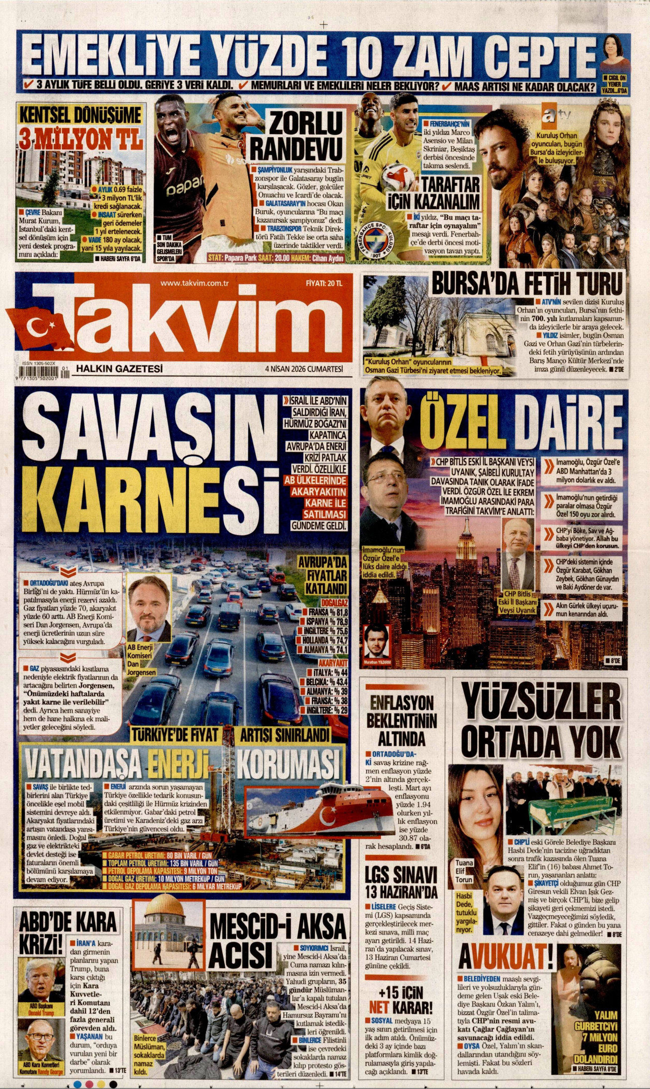 TAKVİM gazetesinin 4 Nisan 2026 tarihli birinci sayfası