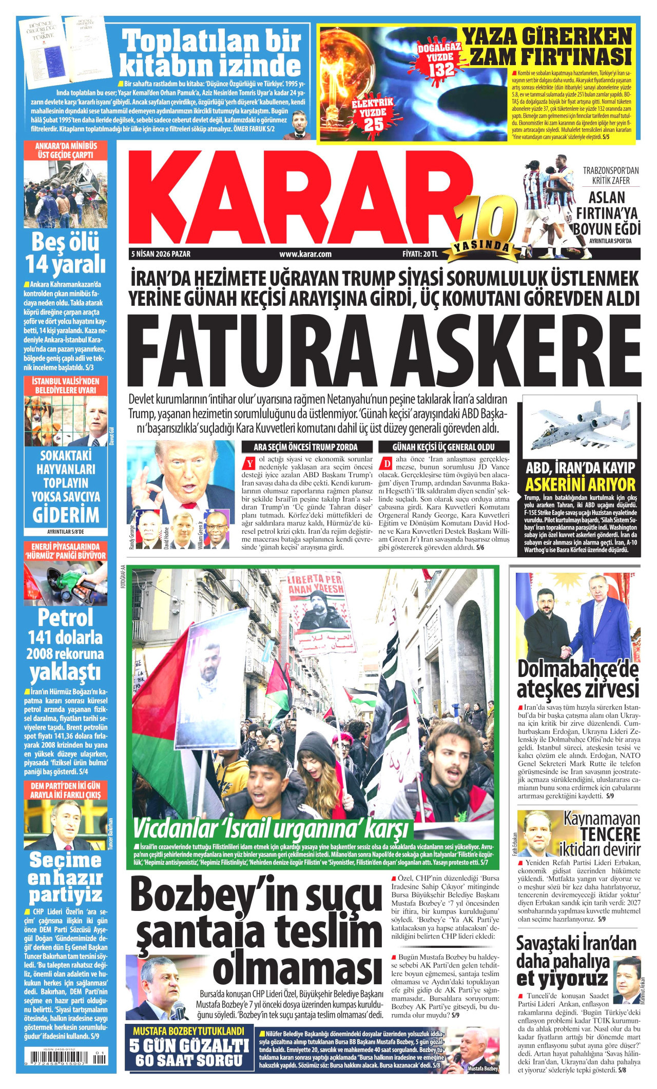 KARAR gazetesinin 5 Nisan 2026 tarihli birinci sayfası