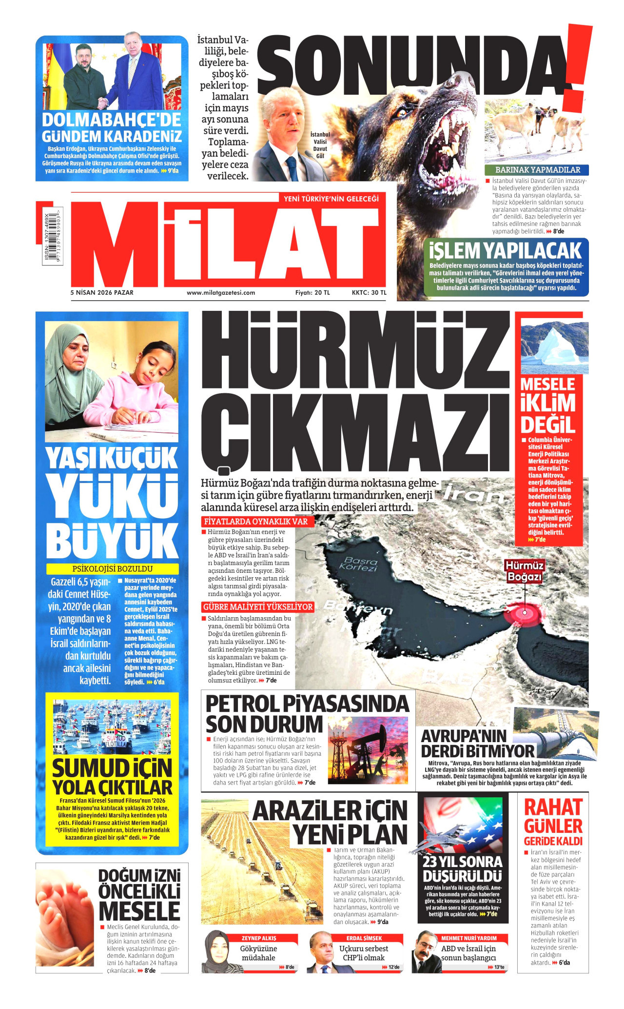 MİLAT gazetesinin 5 Nisan 2026 tarihli birinci sayfası