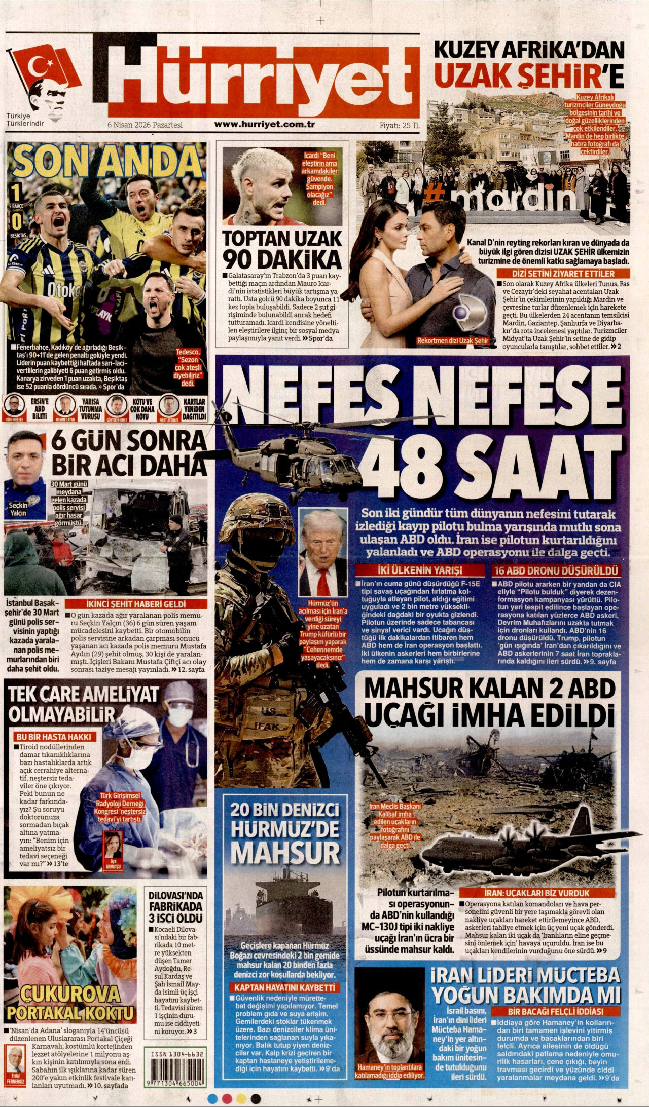 HÜRRİYET gazetesinin 6 Nisan 2026 tarihli birinci sayfası