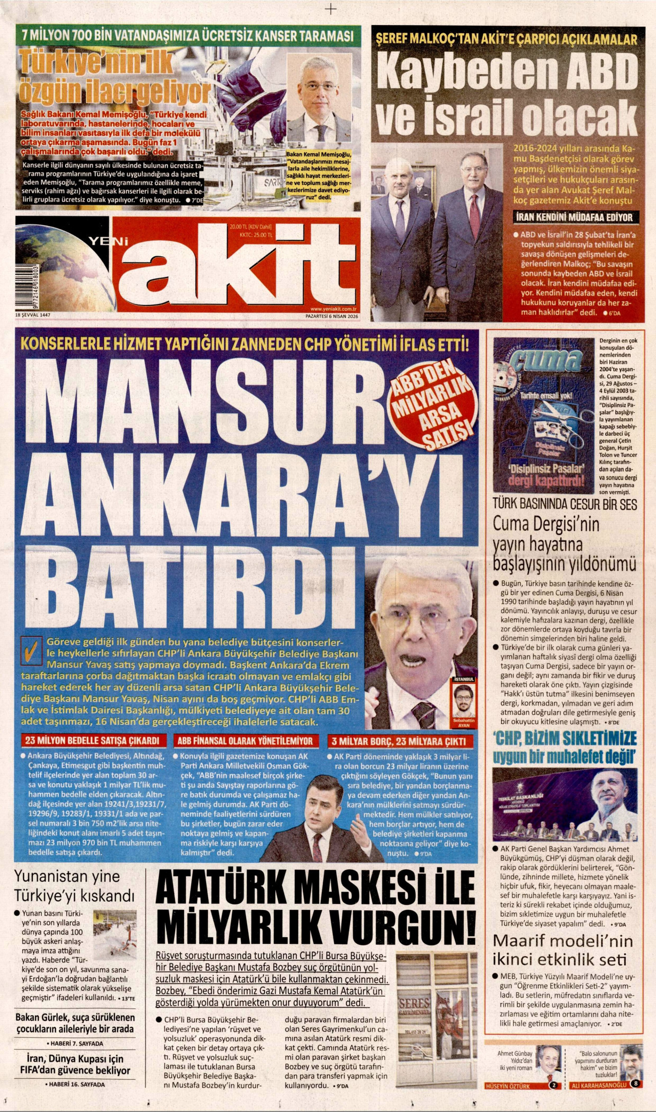 YENİ AKİT gazetesinin 6 Nisan 2026 tarihli birinci sayfası