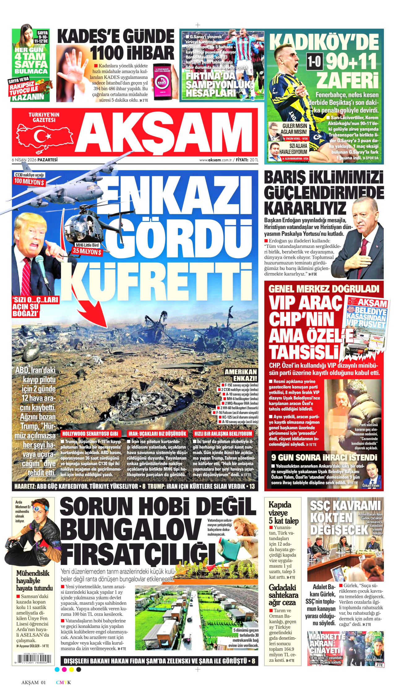 AKŞAM gazetesinin 6 Nisan 2026 tarihli birinci sayfası